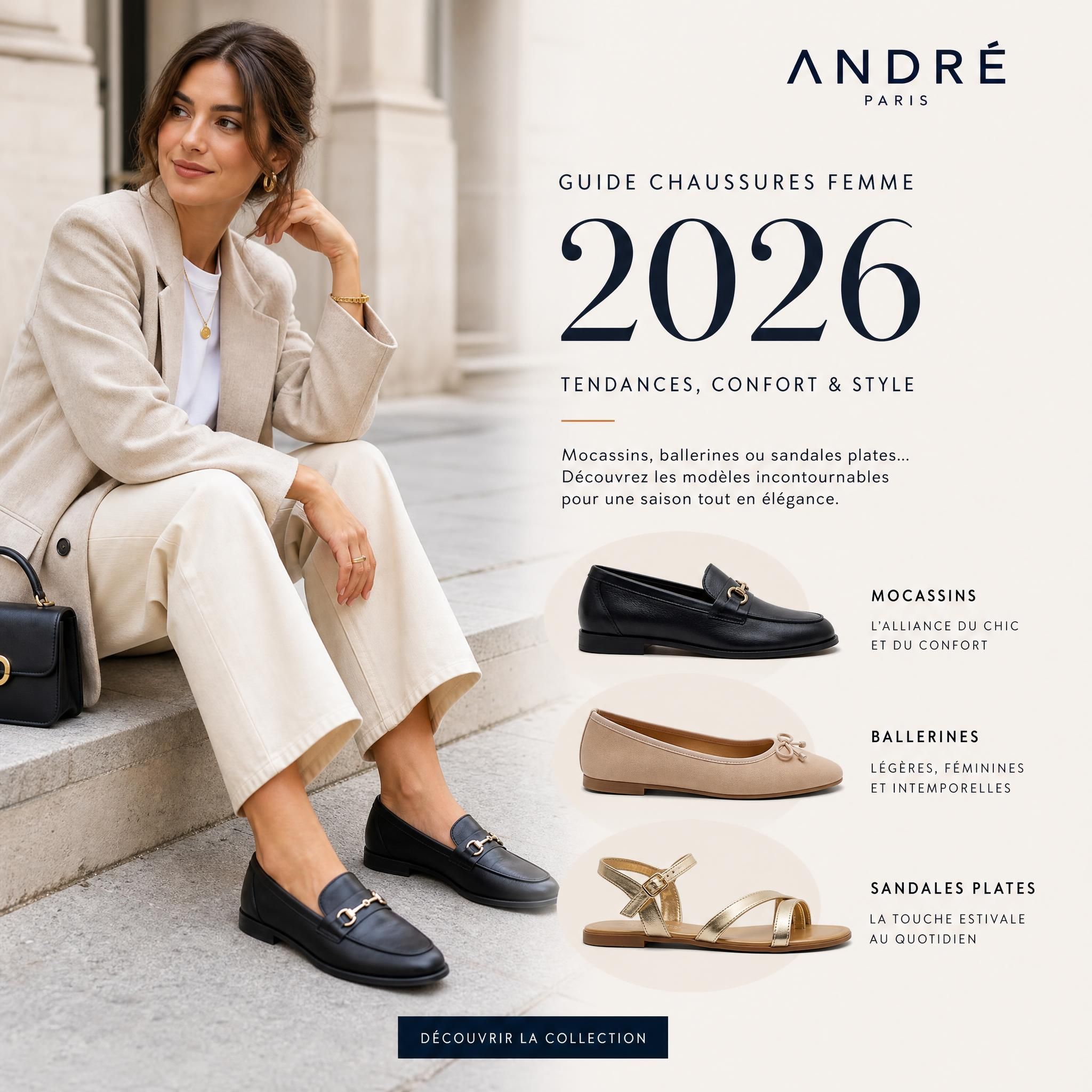 Femme urbaine élégante portant des mocassins en cuir noir, des ballerines beige et des sandales plates — guide chaussures femme 2026 André