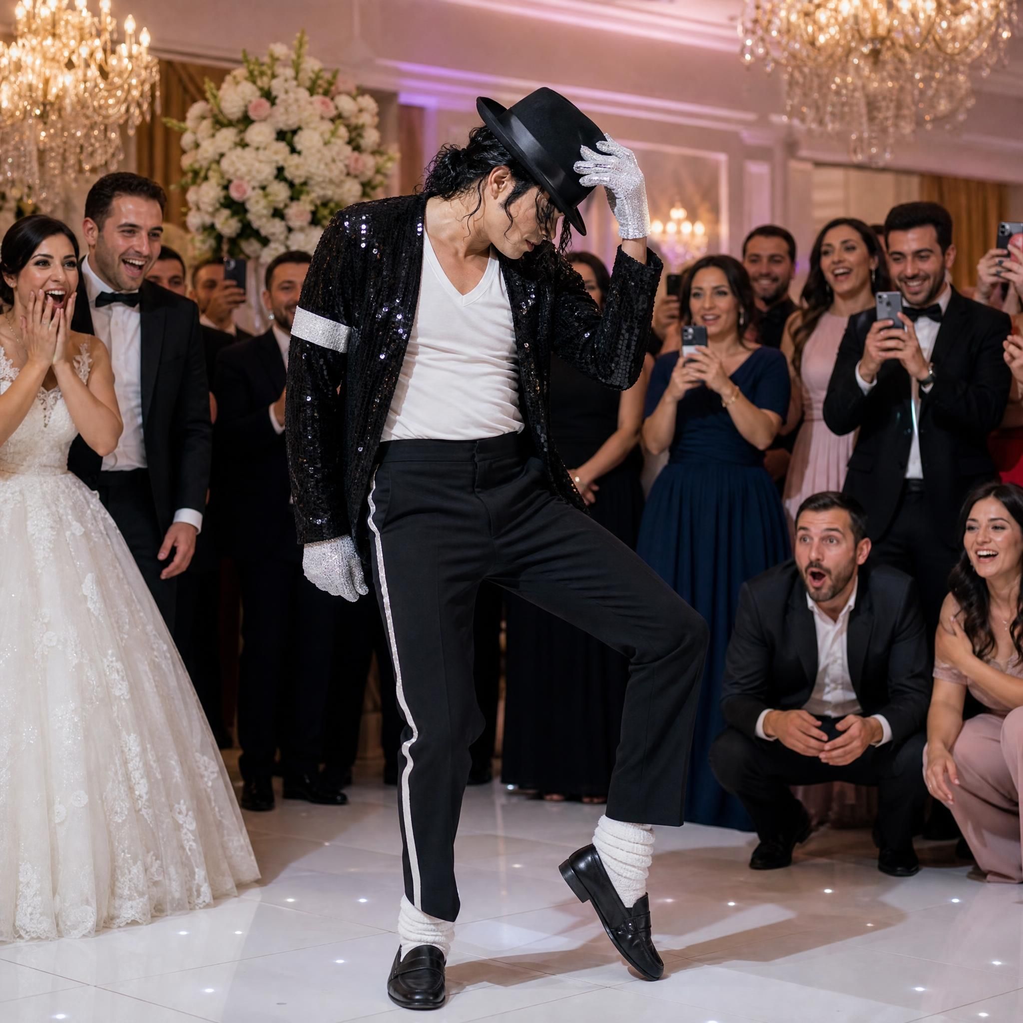 Artiste transformiste en costume de Michael Jackson sur scène lors d'un mariage, entouré d'invités ébahis et souriants