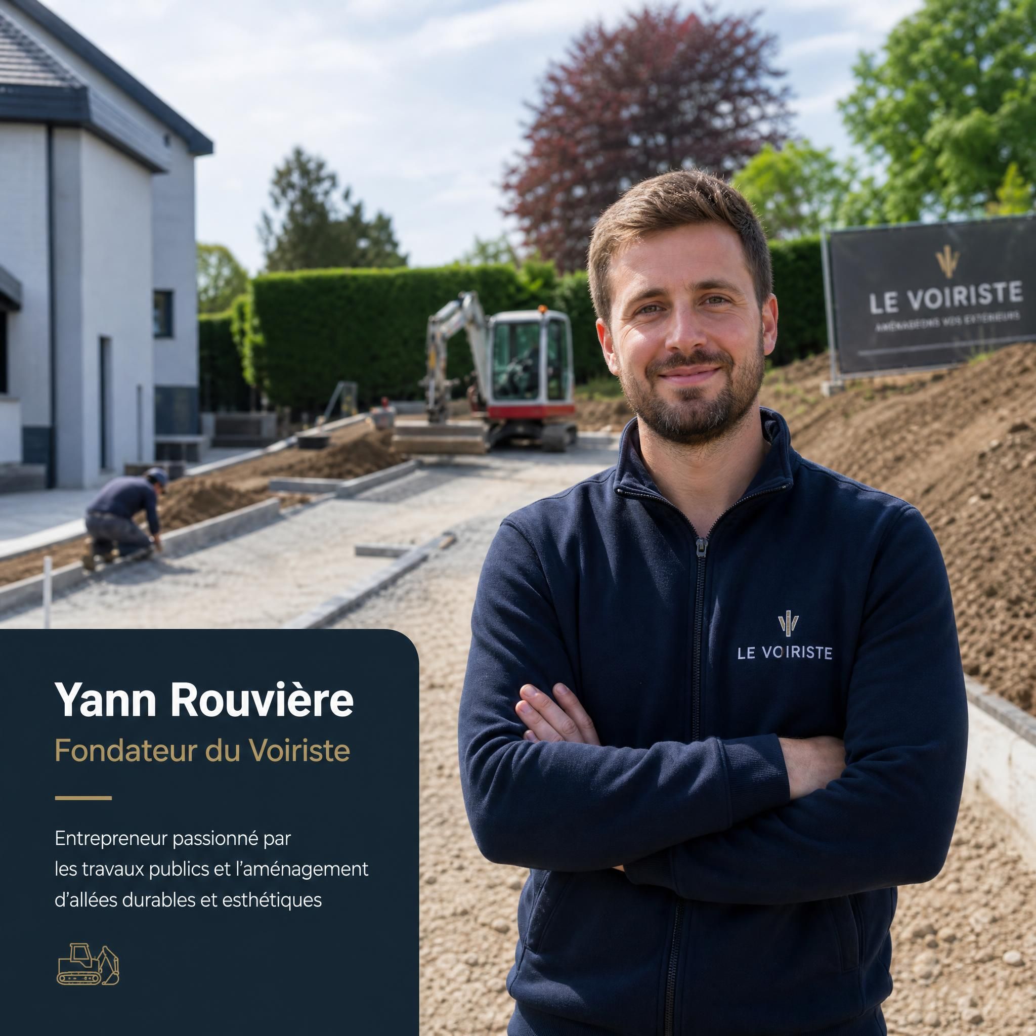 Yann Rouvière fondateur du Voiriste devant un chantier de terrassement et d'aménagement d'allée en Belgique, style authentique build in public