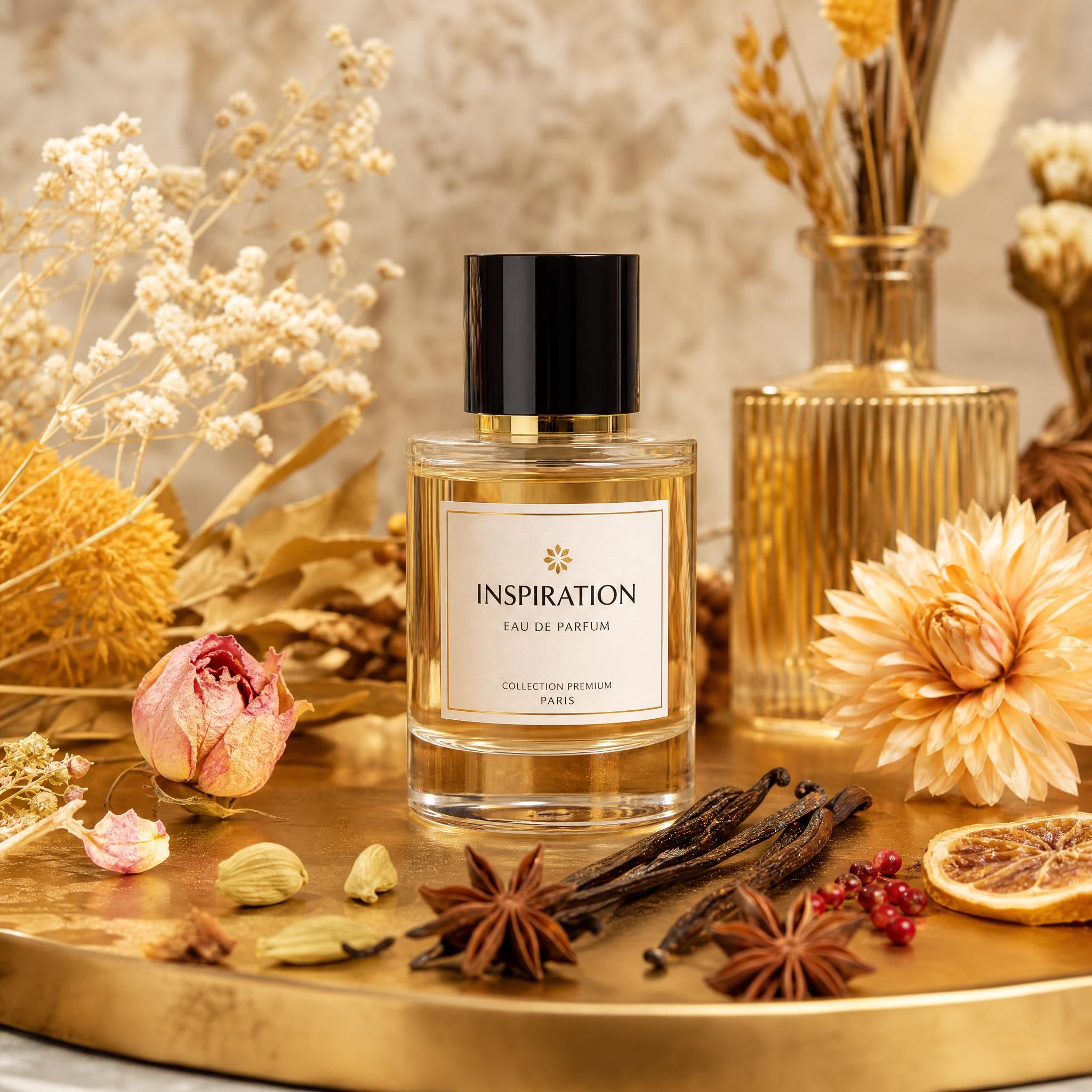 Flacon de parfum inspiration posé sur une surface dorée avec des fleurs séchées et des épices autour, ambiance premium accessible et chaleureuse