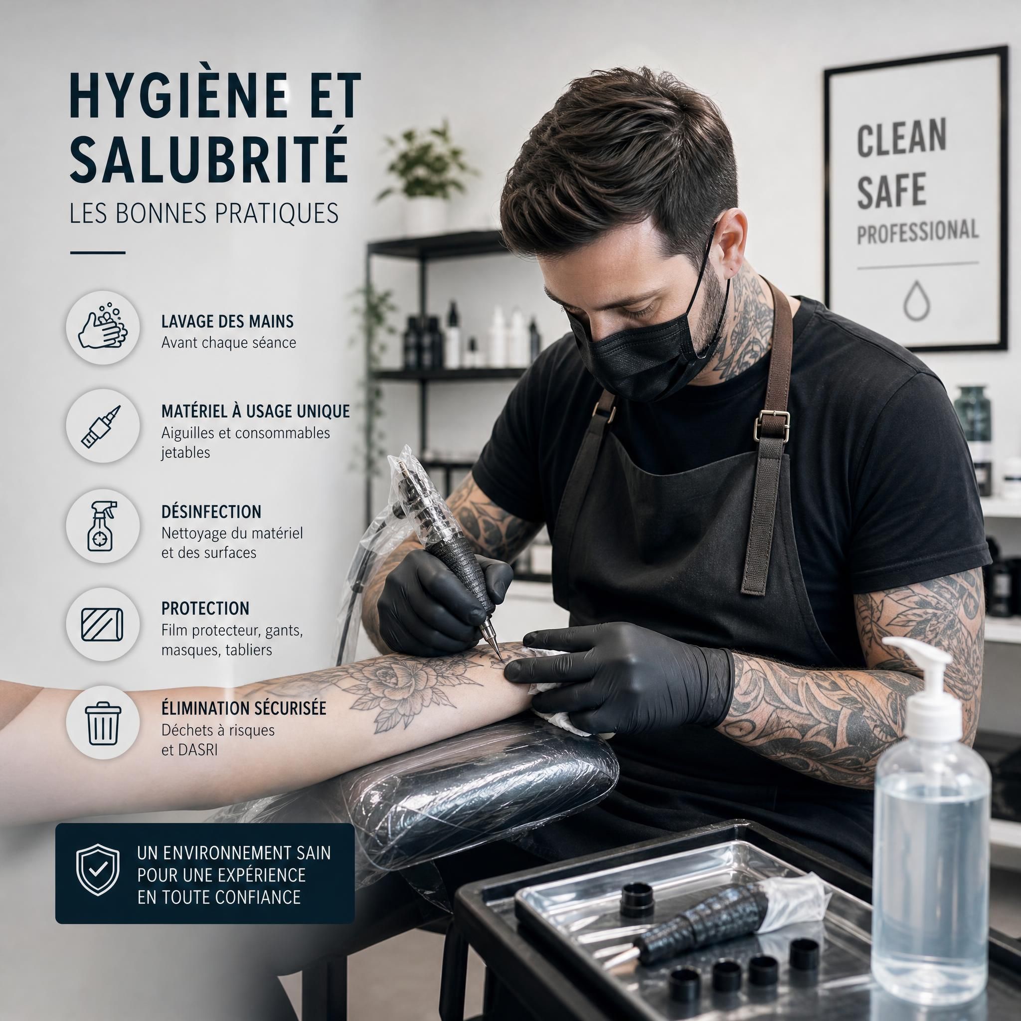 Praticien en tatouage portant des gants stériles dans un espace de travail hygiénique conforme aux normes d'hygiène et salubrité