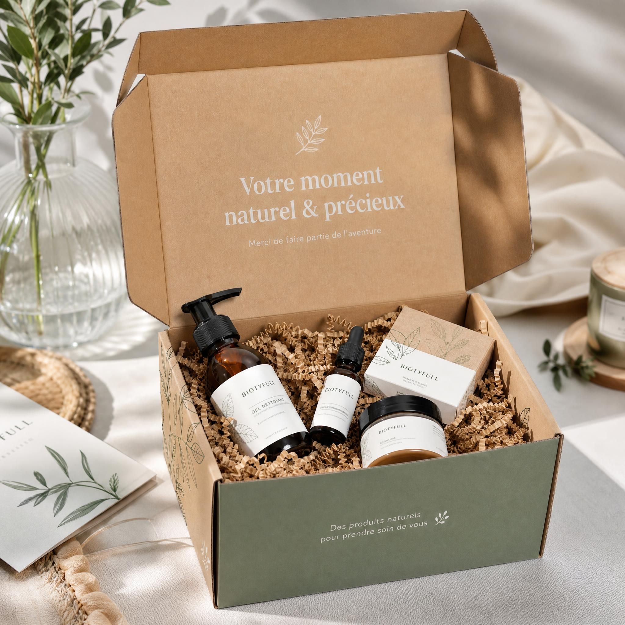 Expérience unboxing packaging personnalisé startup e-commerce - boîte premium ouverte avec produits beauté naturels, lumière naturelle
