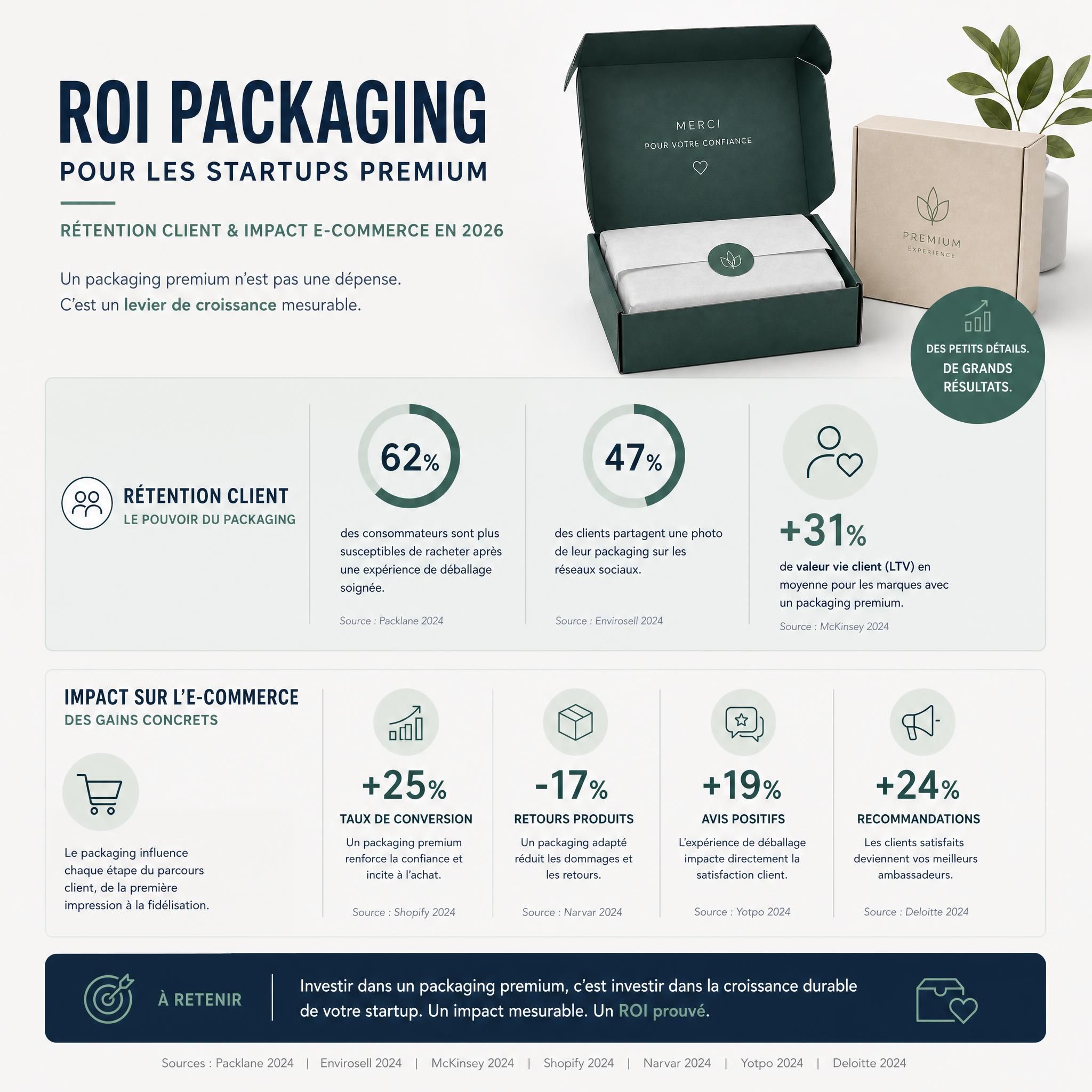 ROI packaging premium startups - infographie statistiques rétention client et impact e-commerce 2026