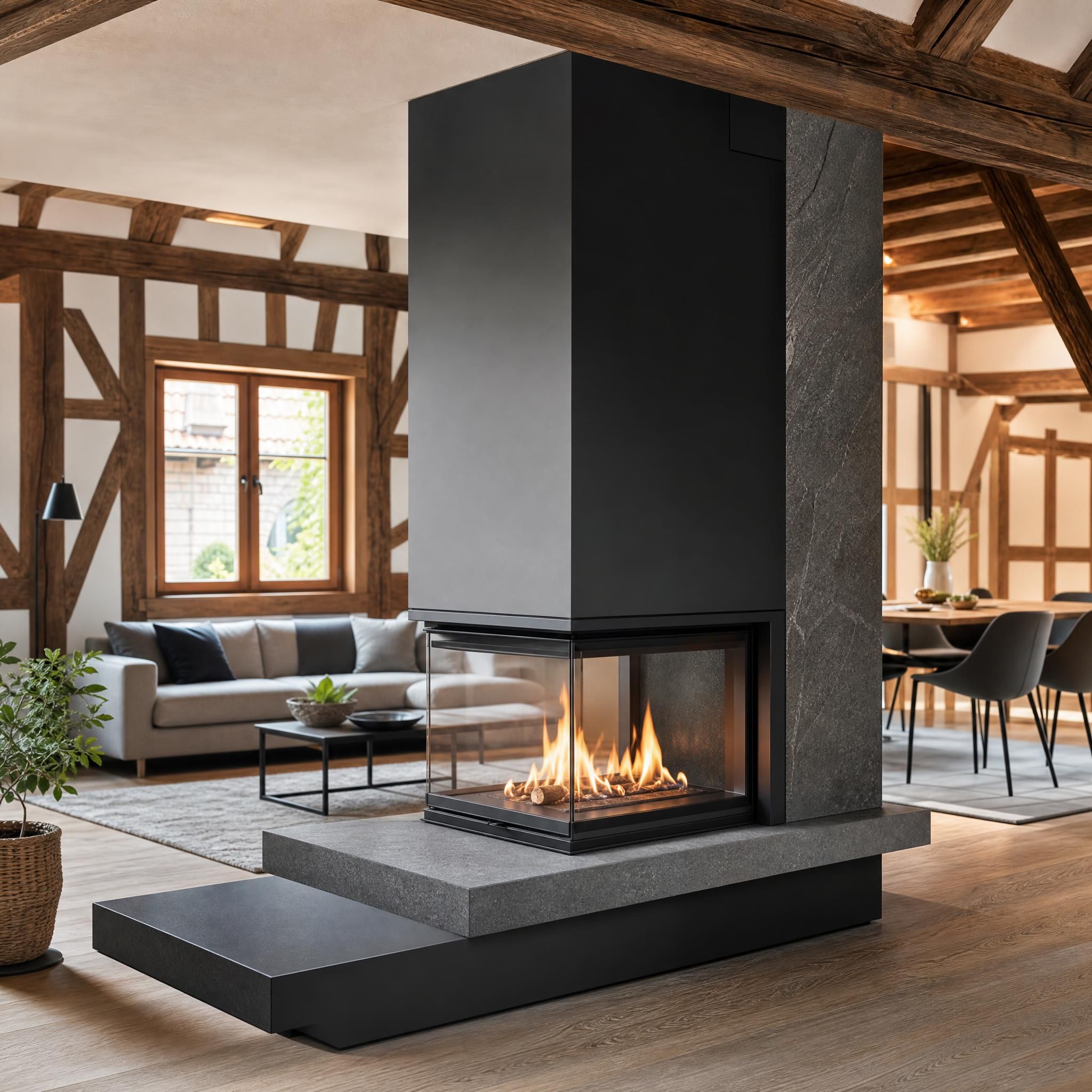 Cheminée moderne sur mesure double face installée dans une maison alsacienne, design épuré en acier et pierre naturelle