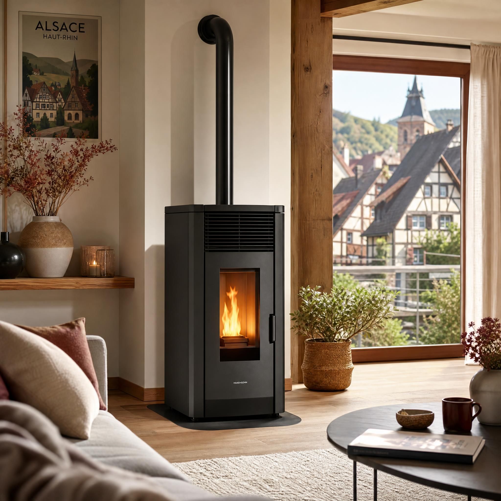 Poêle à granulés moderne installé dans un salon alsacien du Haut-Rhin, ambiance chaleureuse et design contemporain