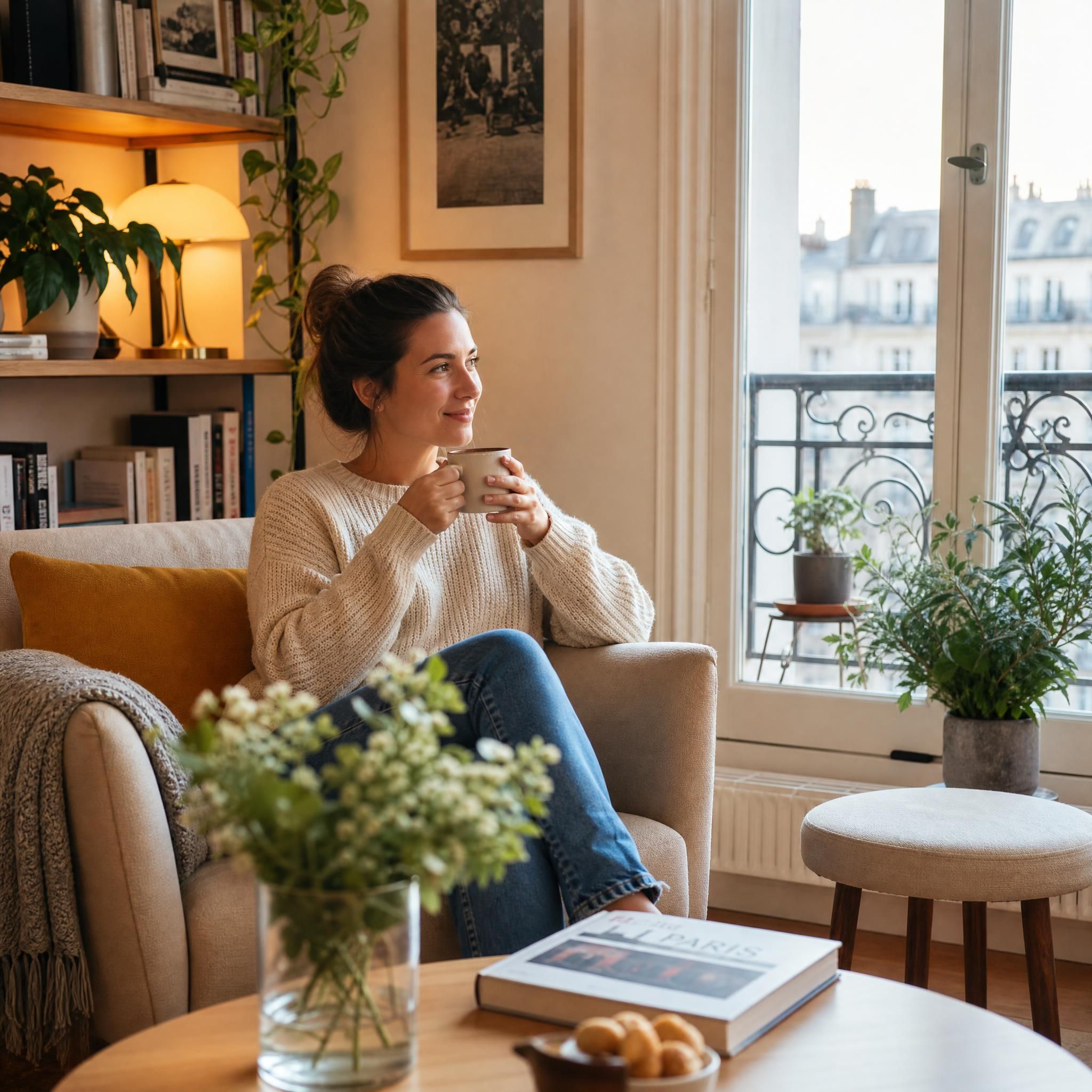 Personne installée confortablement dans un salon chez un particulier avec une tasse de café, atmosphère chaleureuse et calme — illustration de la pause chez l'habitant en ville