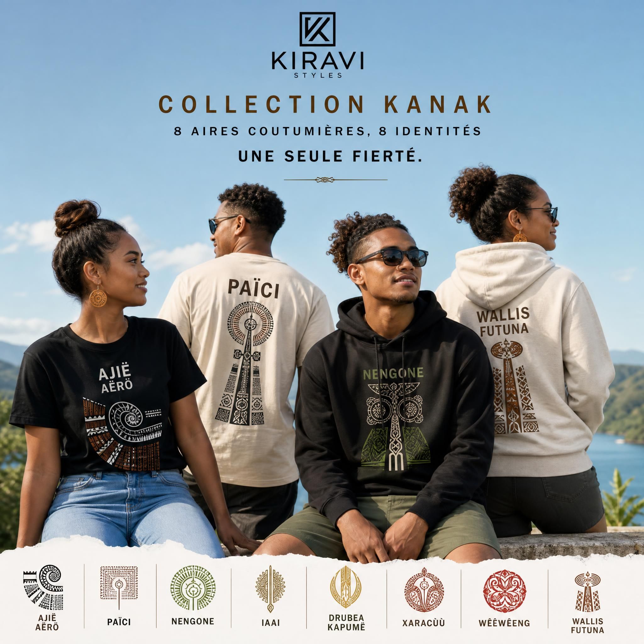 Collection Kiravi Styles streetwear Kanak — t-shirts et hoodies inspirés des 8 aires coutumières de Nouvelle-Calédonie, portés avec fierté par des jeunes adultes du Pacifique
