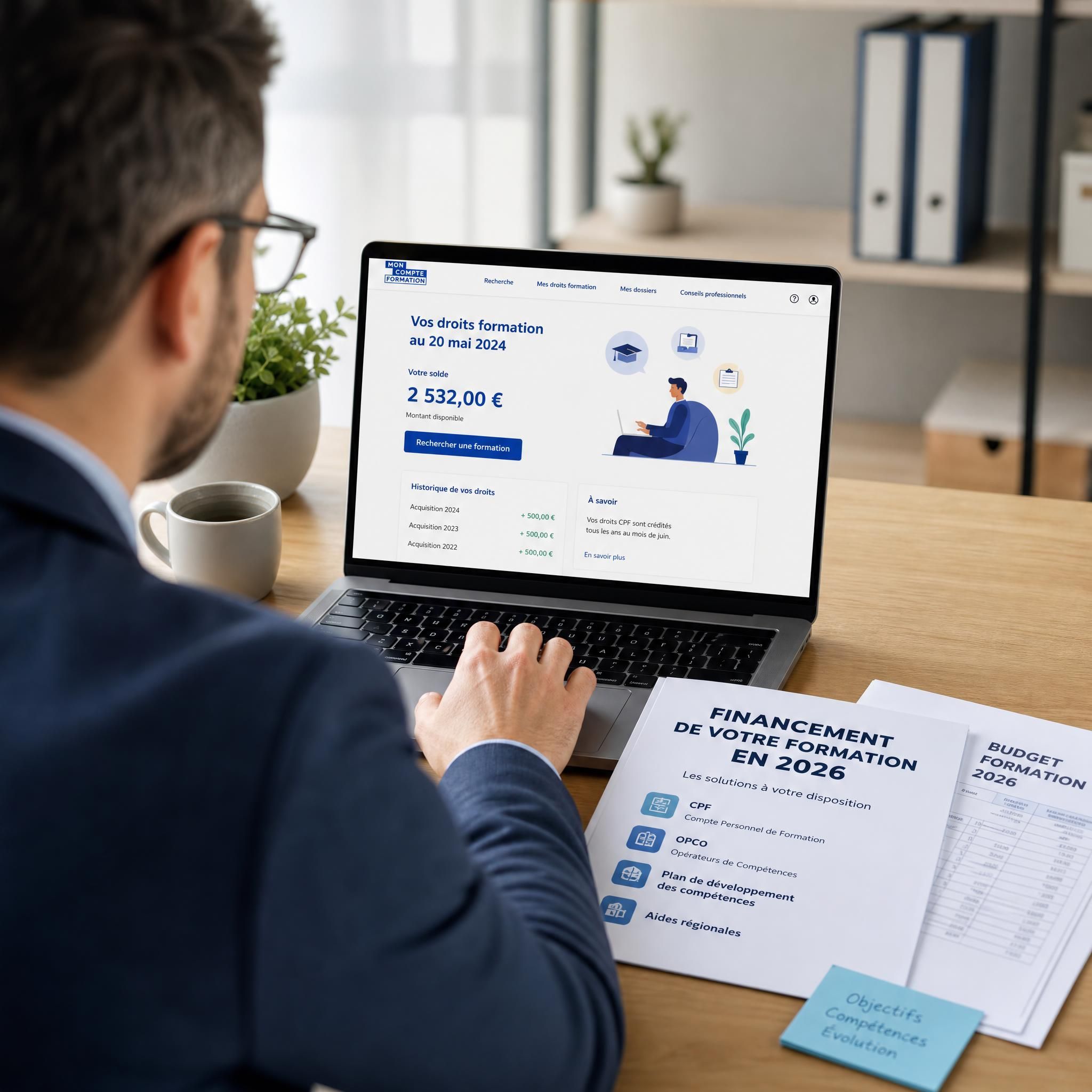 Professionnel consultant son compte CPF sur ordinateur portable avec des documents de financement de formation 2026 sur son bureau