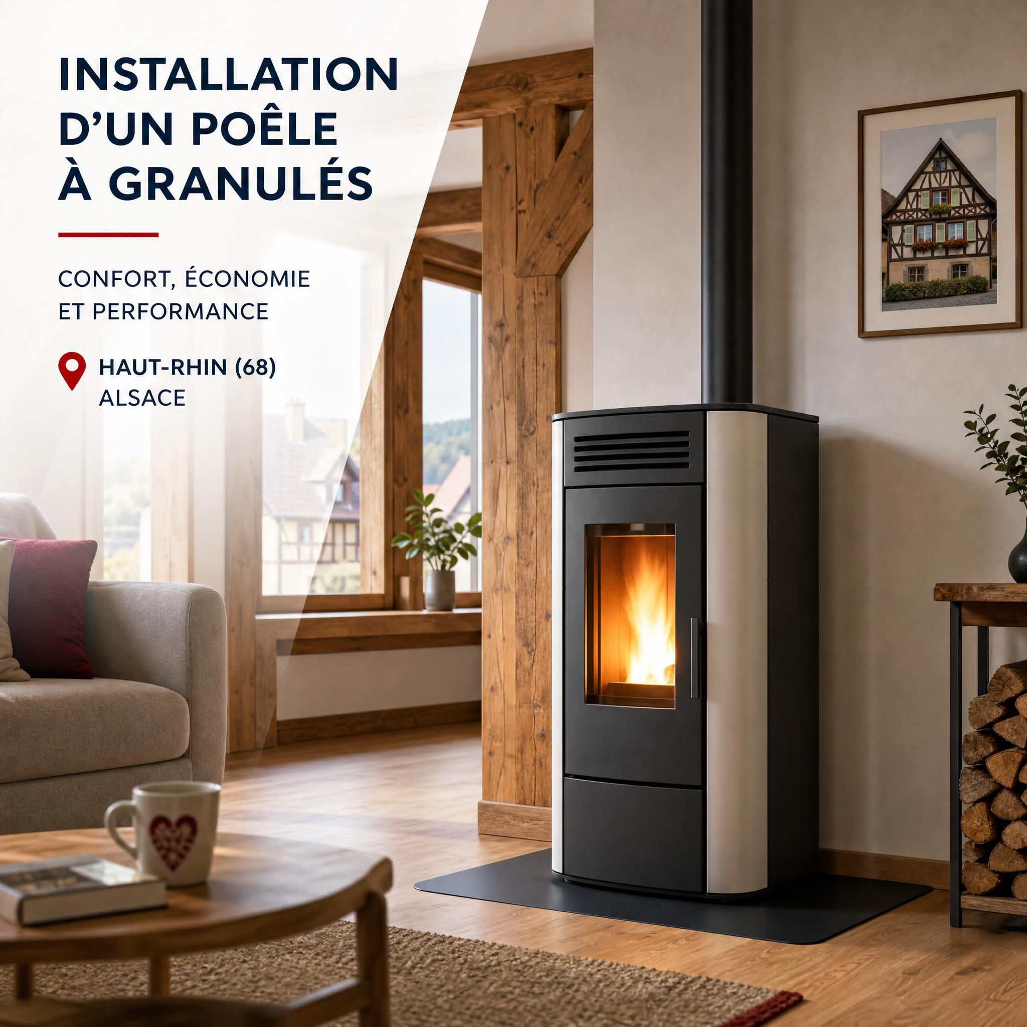 Installation d'un poêle à granulés moderne dans un intérieur alsacien, Haut-Rhin