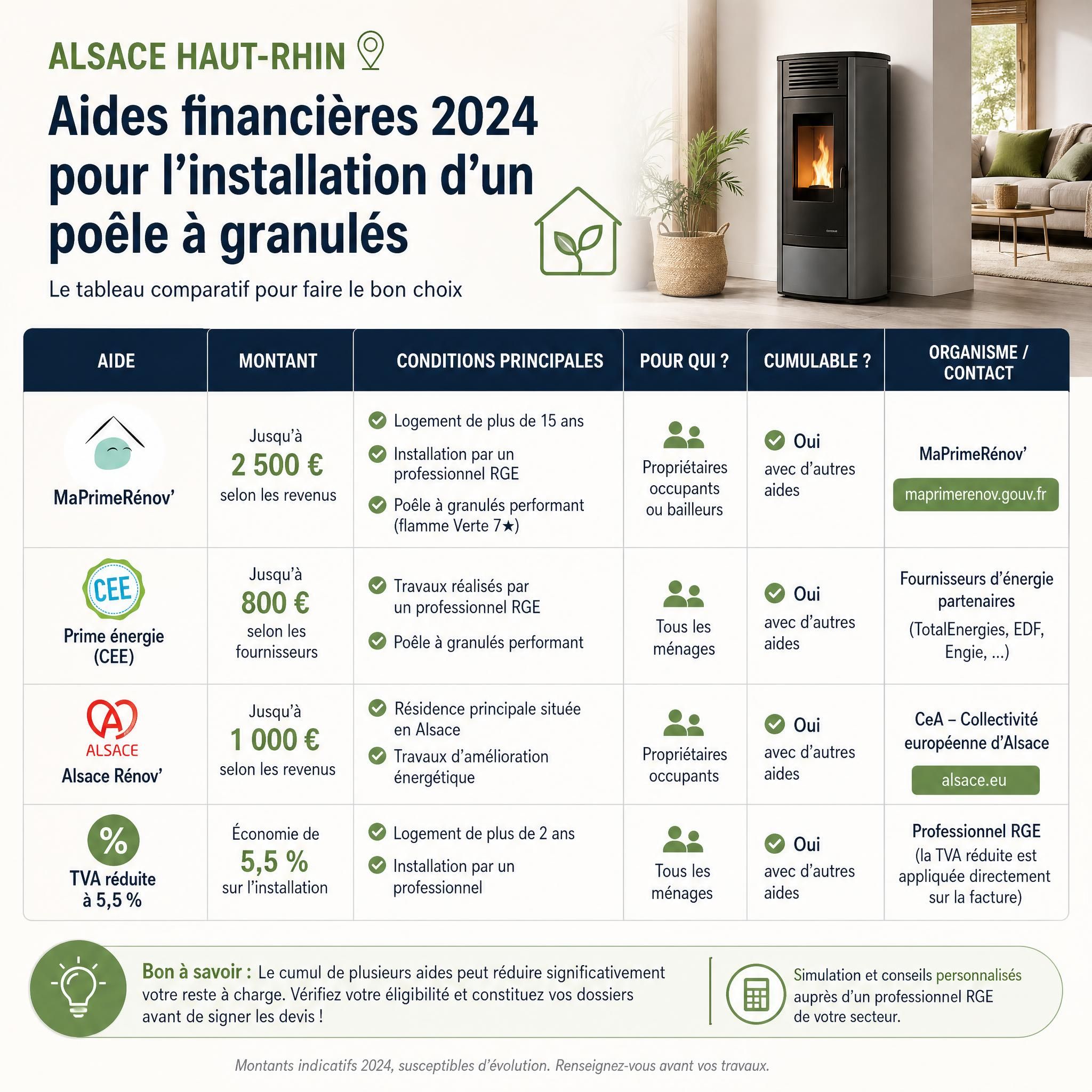 Tableau comparatif des aides financières pour l'installation d'un poêle à granulés en Alsace Haut-Rhin