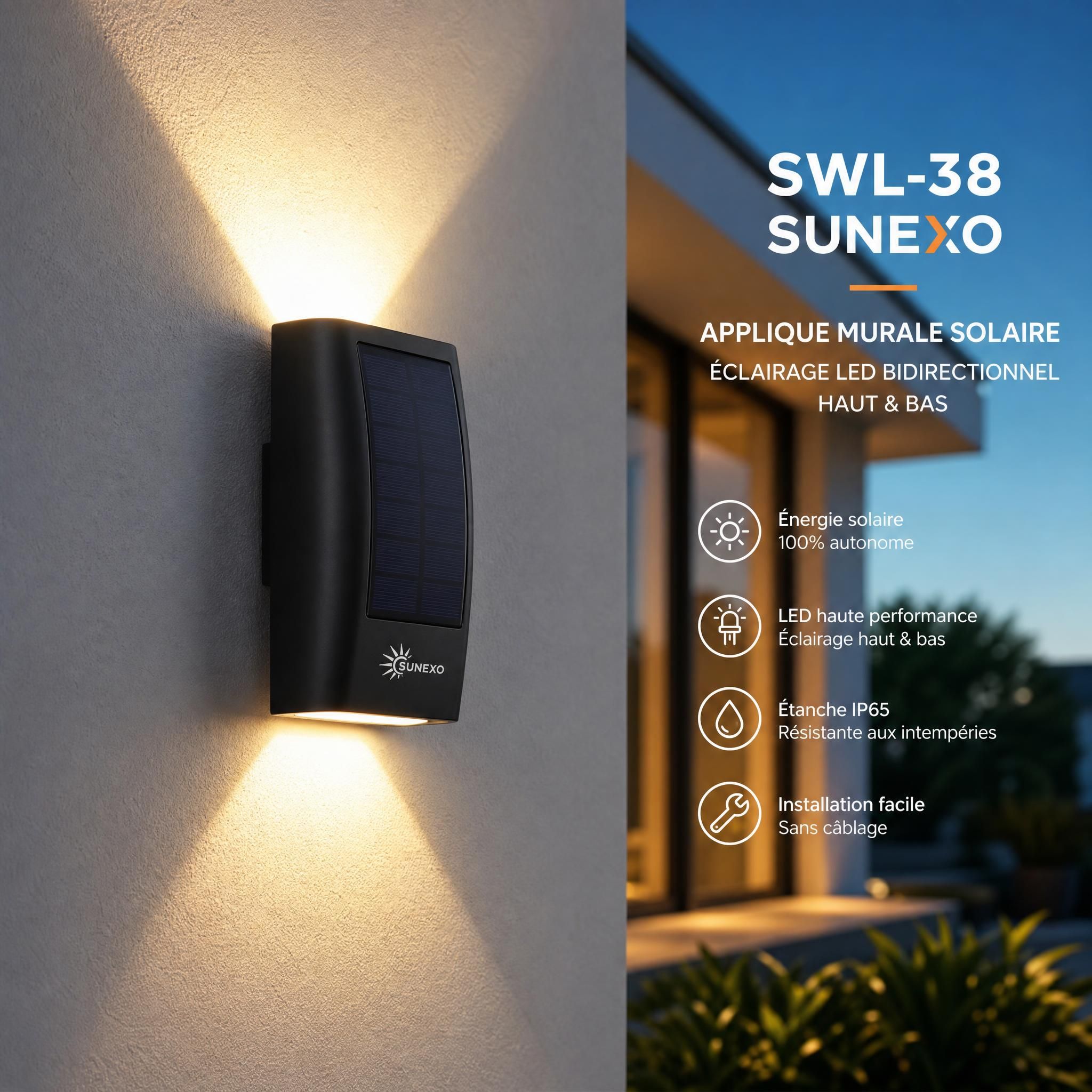 Applique murale solaire SWL-38 Sunexo installée sur façade extérieure, éclairage LED bidirectionnel haut et bas