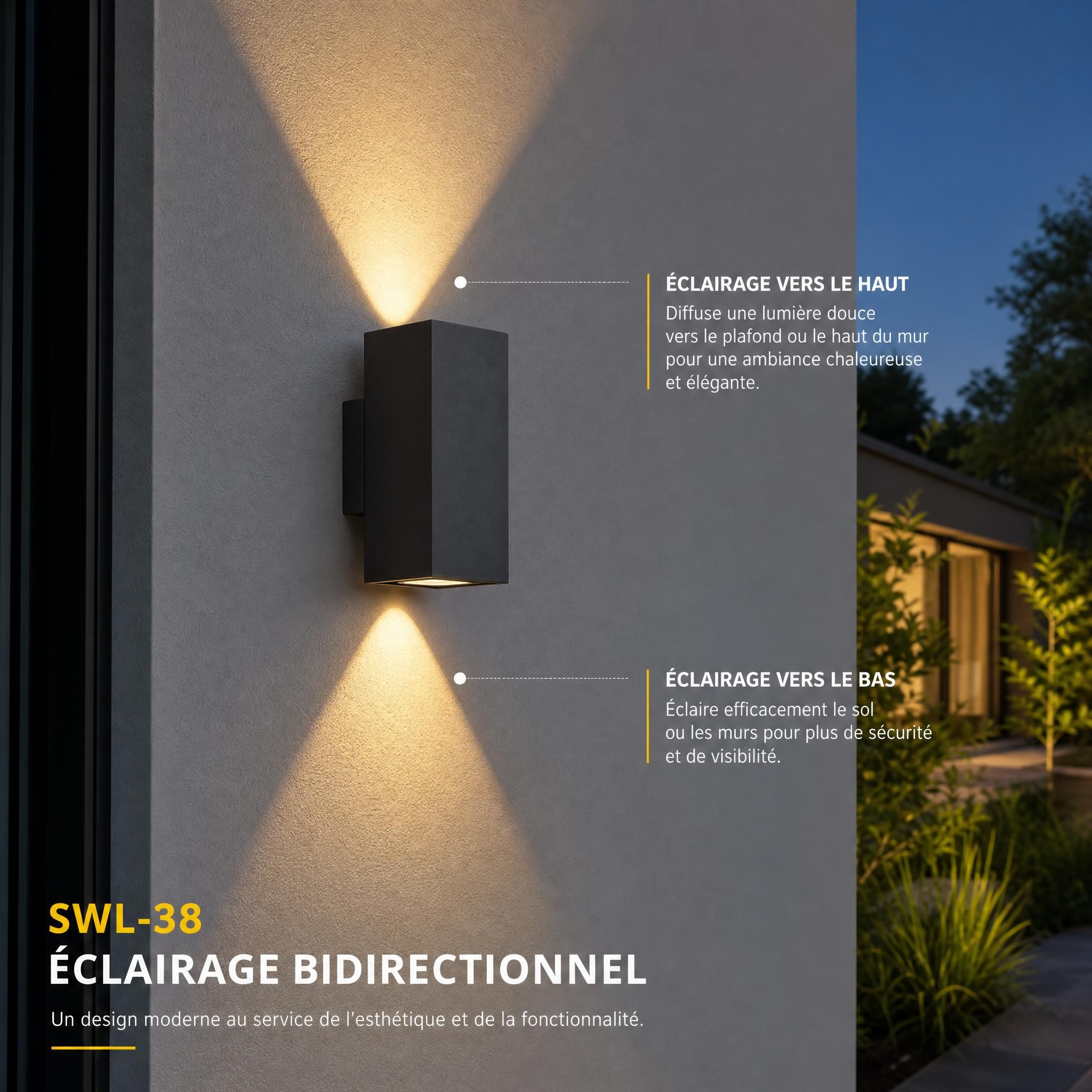 Détail de l'éclairage bidirectionnel de l'applique SWL-38, faisceau lumineux vers le haut et vers le bas sur mur de maison