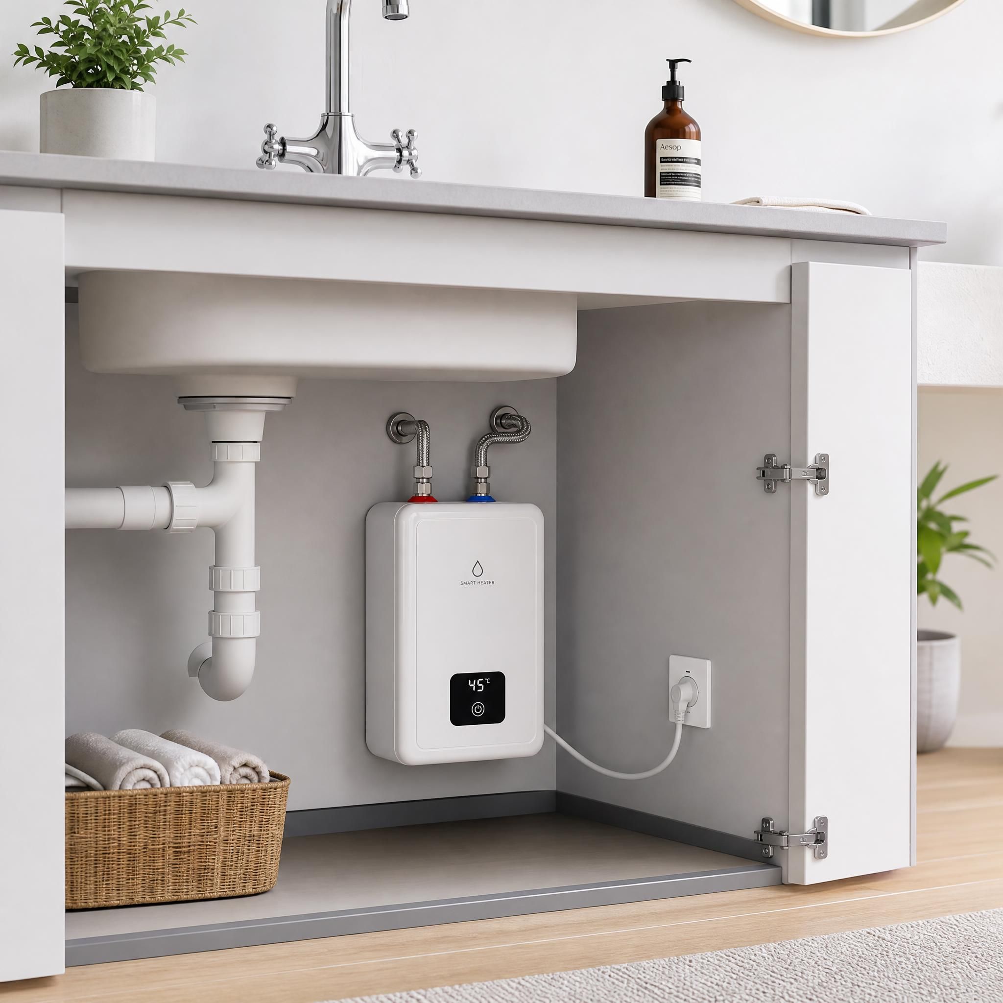 Chauffe-eau instantané compact électrique installé sous un évier dans une cuisine ou salle de bain