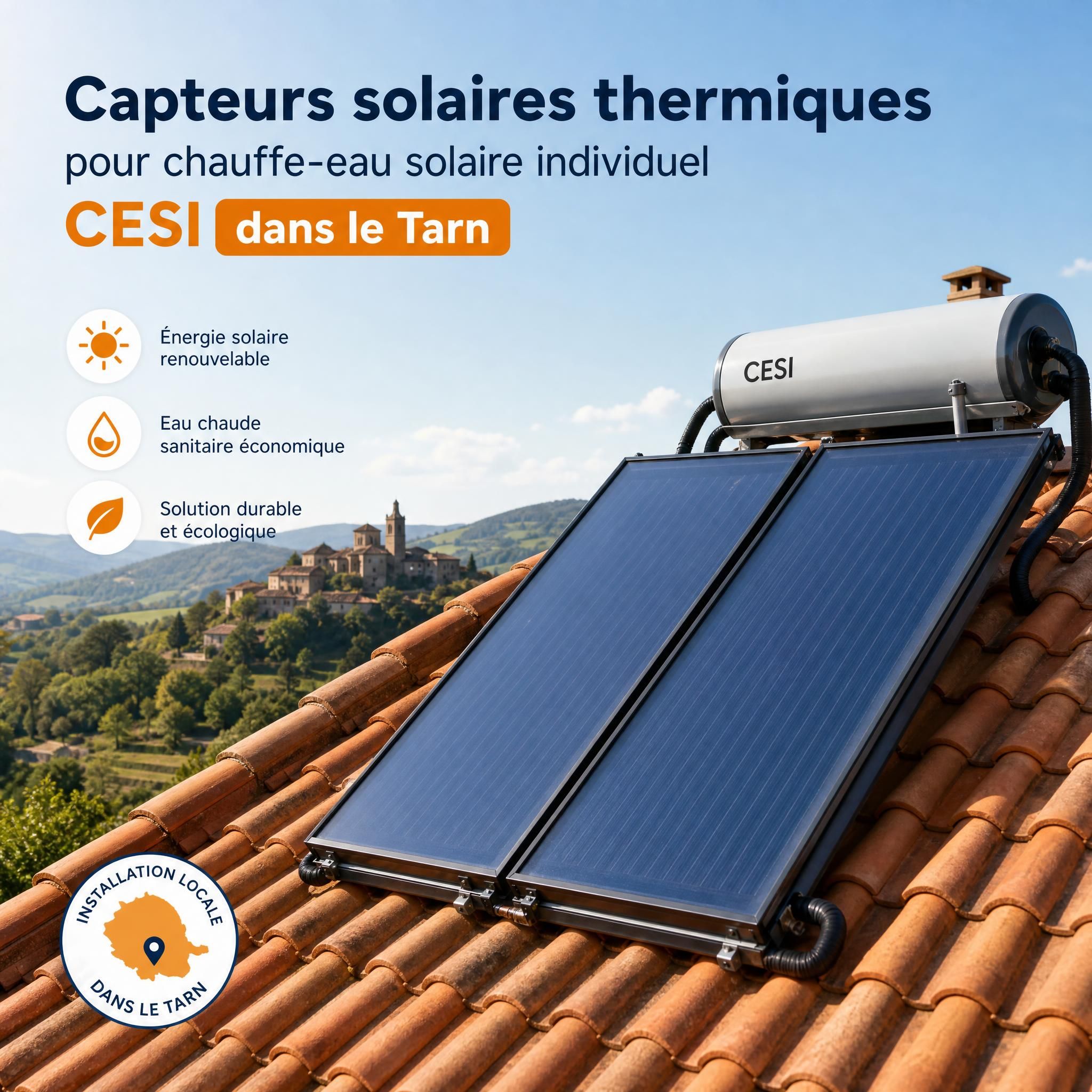 Capteurs solaires thermiques sur toiture pour chauffe-eau solaire individuel CESI dans le Tarn