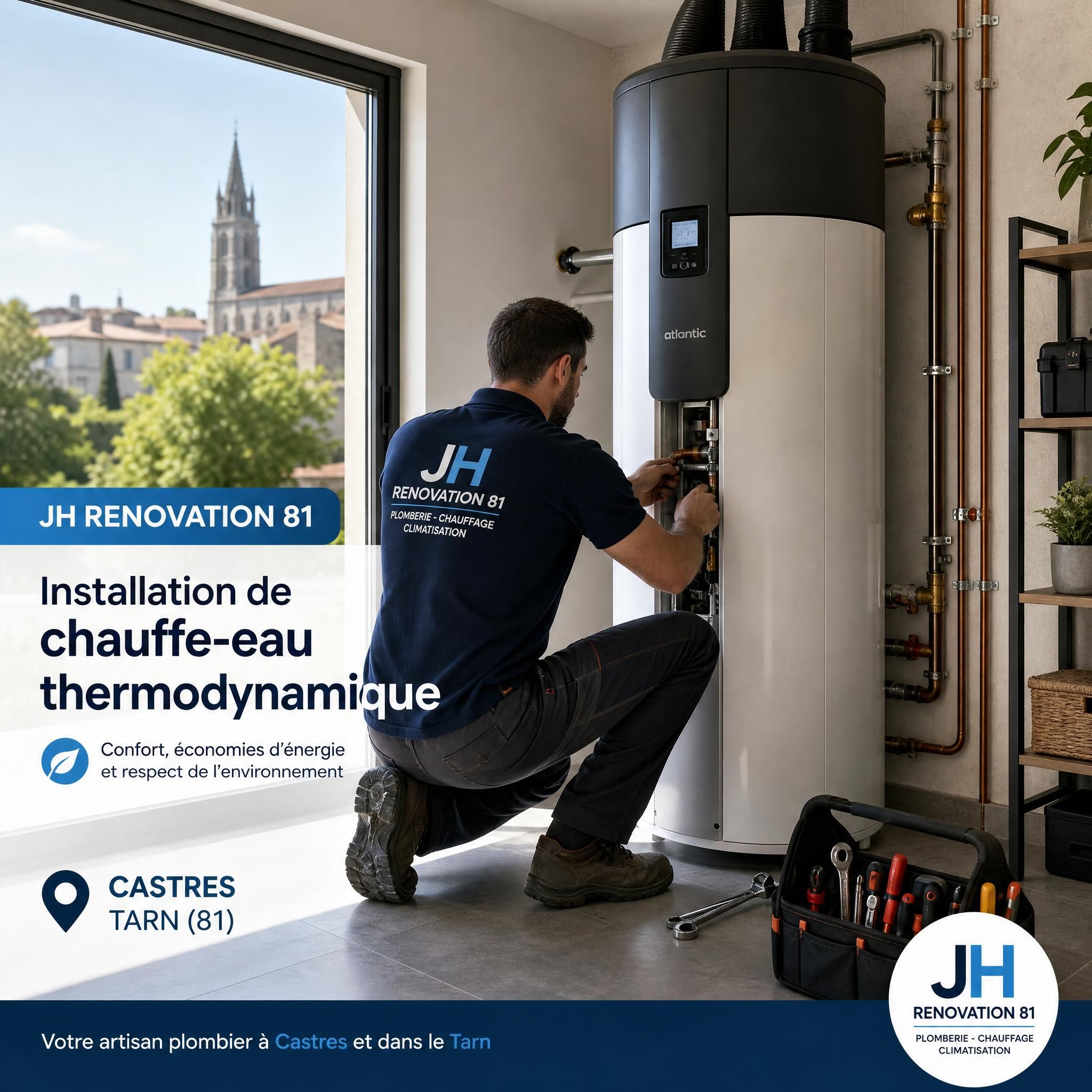 Artisan plombier JH Renovation 81 en train d'installer un chauffe-eau thermodynamique dans une maison à Castres Tarn