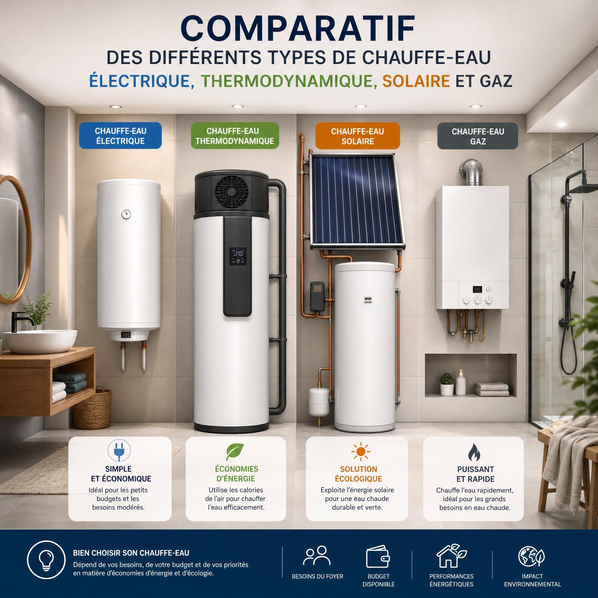 Comparatif des différents types de chauffe-eau électrique thermodynamique solaire et gaz installés dans une salle de bain moderne