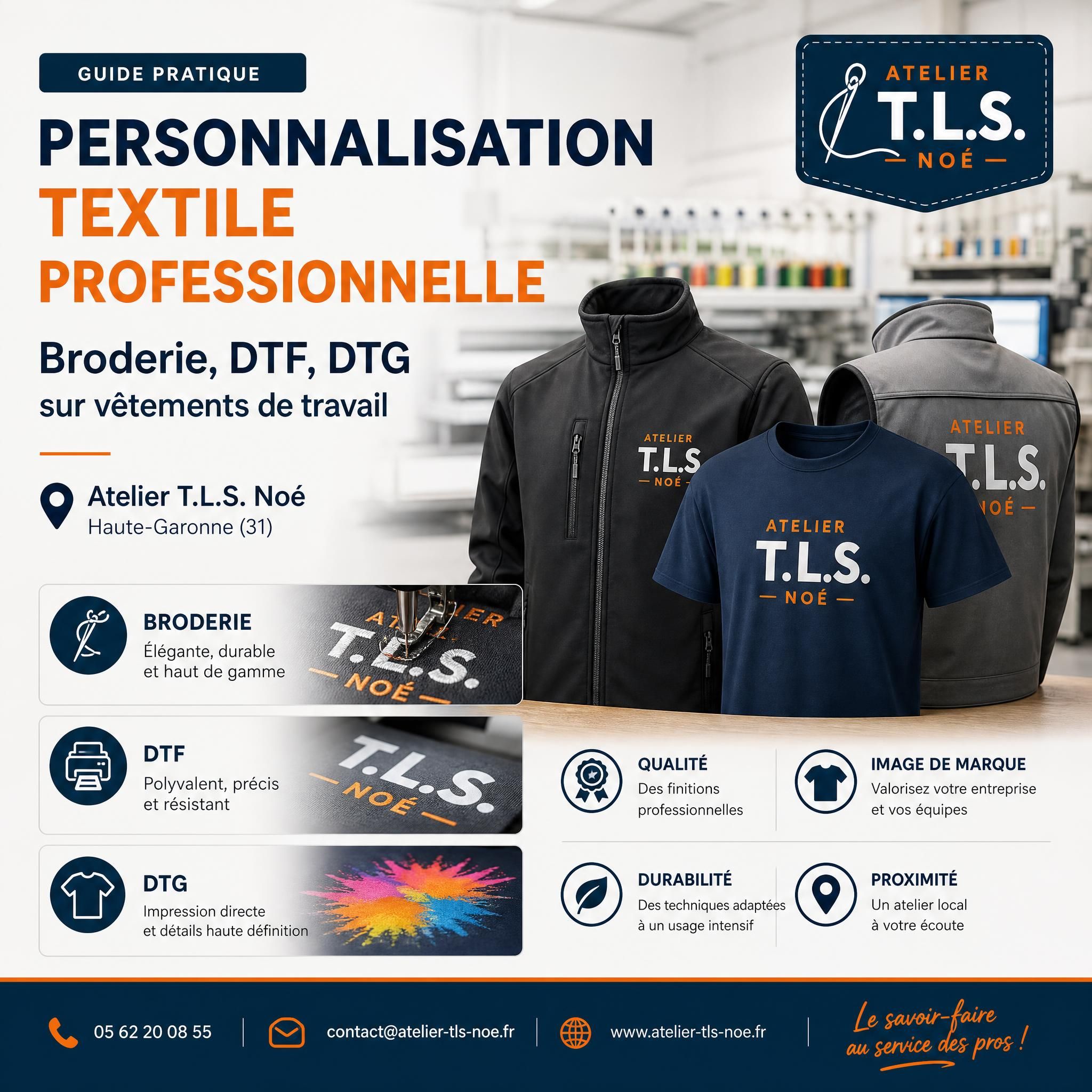 Guide pratique personnalisation textile professionnelle – broderie, DTF, DTG sur vêtements de travail – Atelier T.L.S. Noé Haute-Garonne