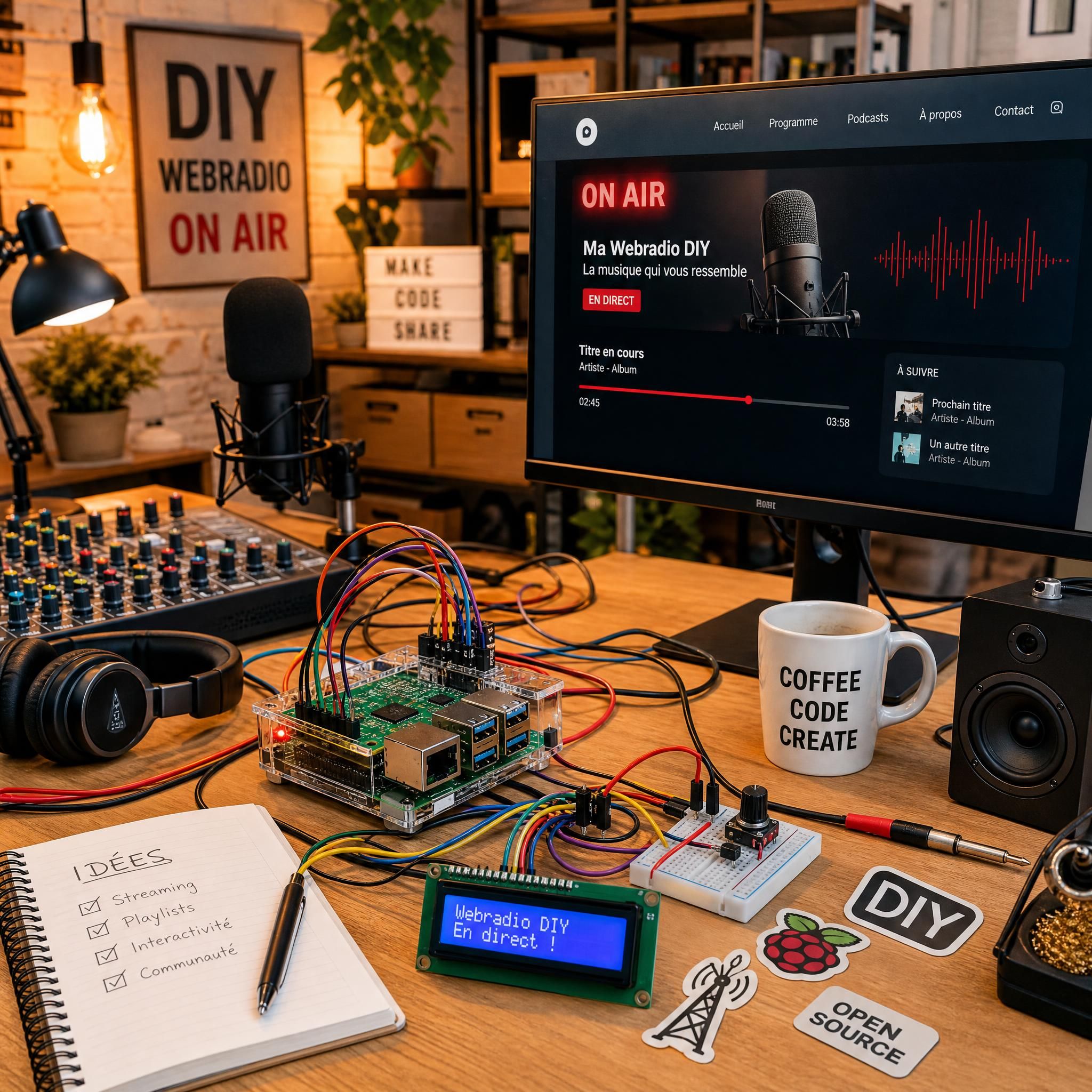 Vue d'ensemble d'un atelier créatif DIY avec Raspberry Pi, matériel audio, câbles colorés et un écran affichant une interface de webradio en cours de diffusion, lumière chaude d'atelier