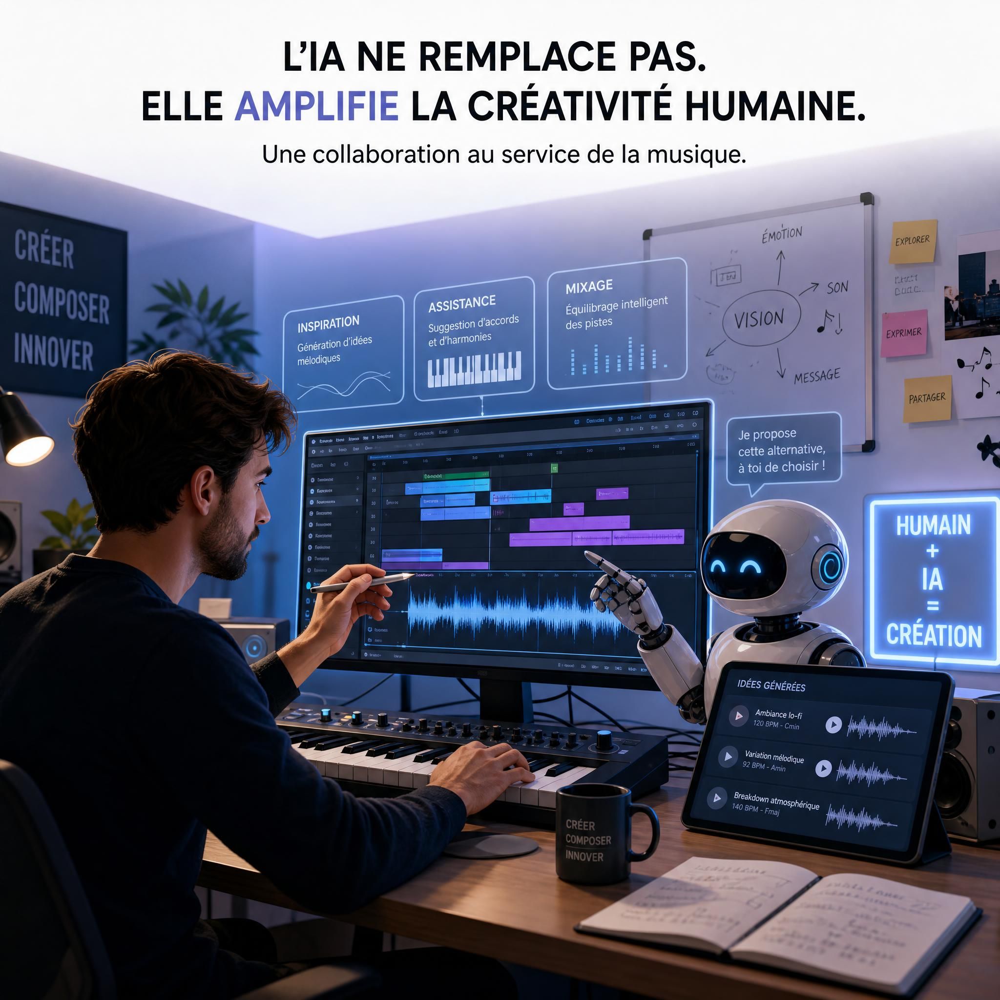 Illustration artistique représentant un producteur humain travaillant avec des outils IA, symbolisant la collaboration plutôt que la substitution, style laboratoire créatif