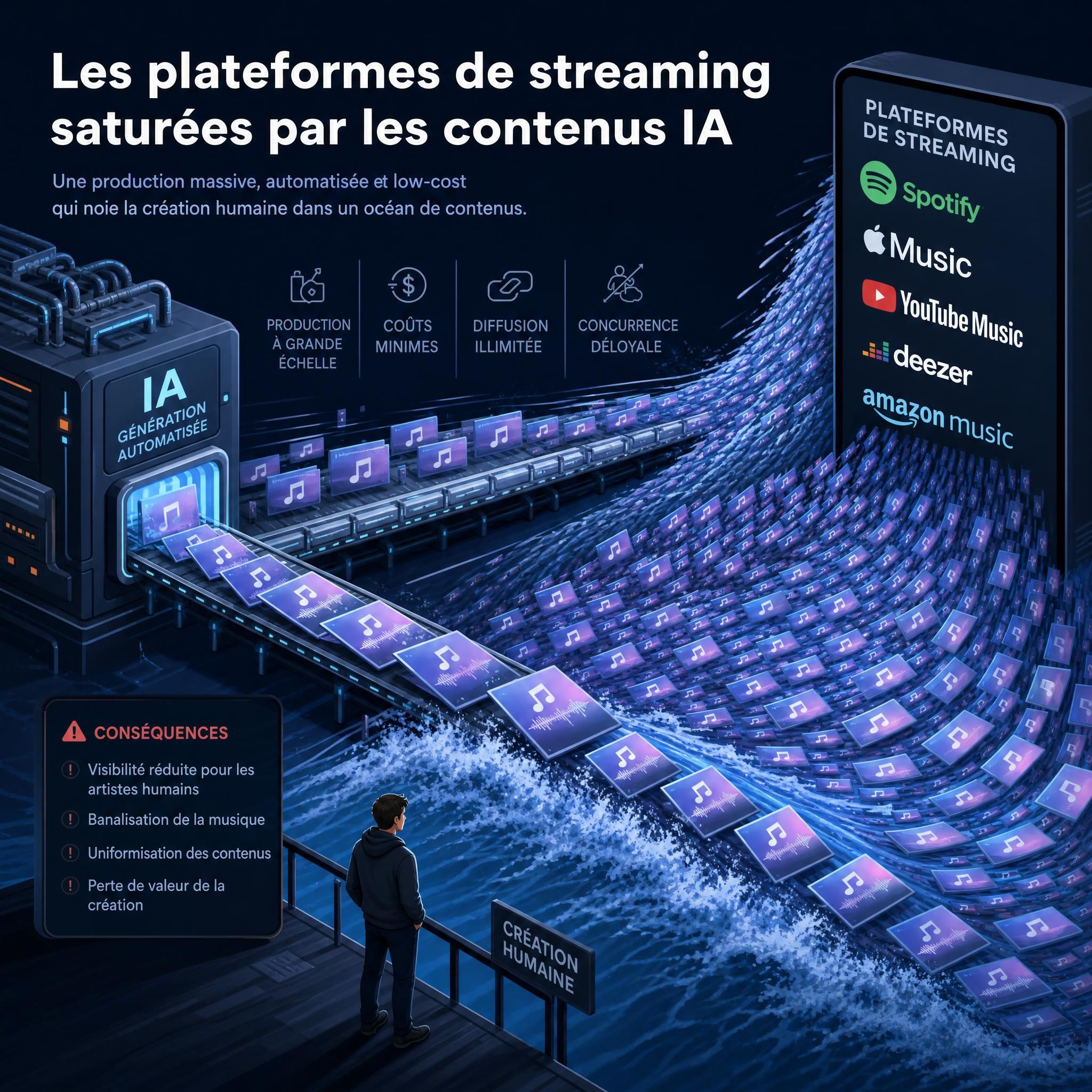 Graphique illustrant la saturation des plateformes de streaming par les contenus IA, avec des flux de données symbolisant l'automatisation musicale industrielle