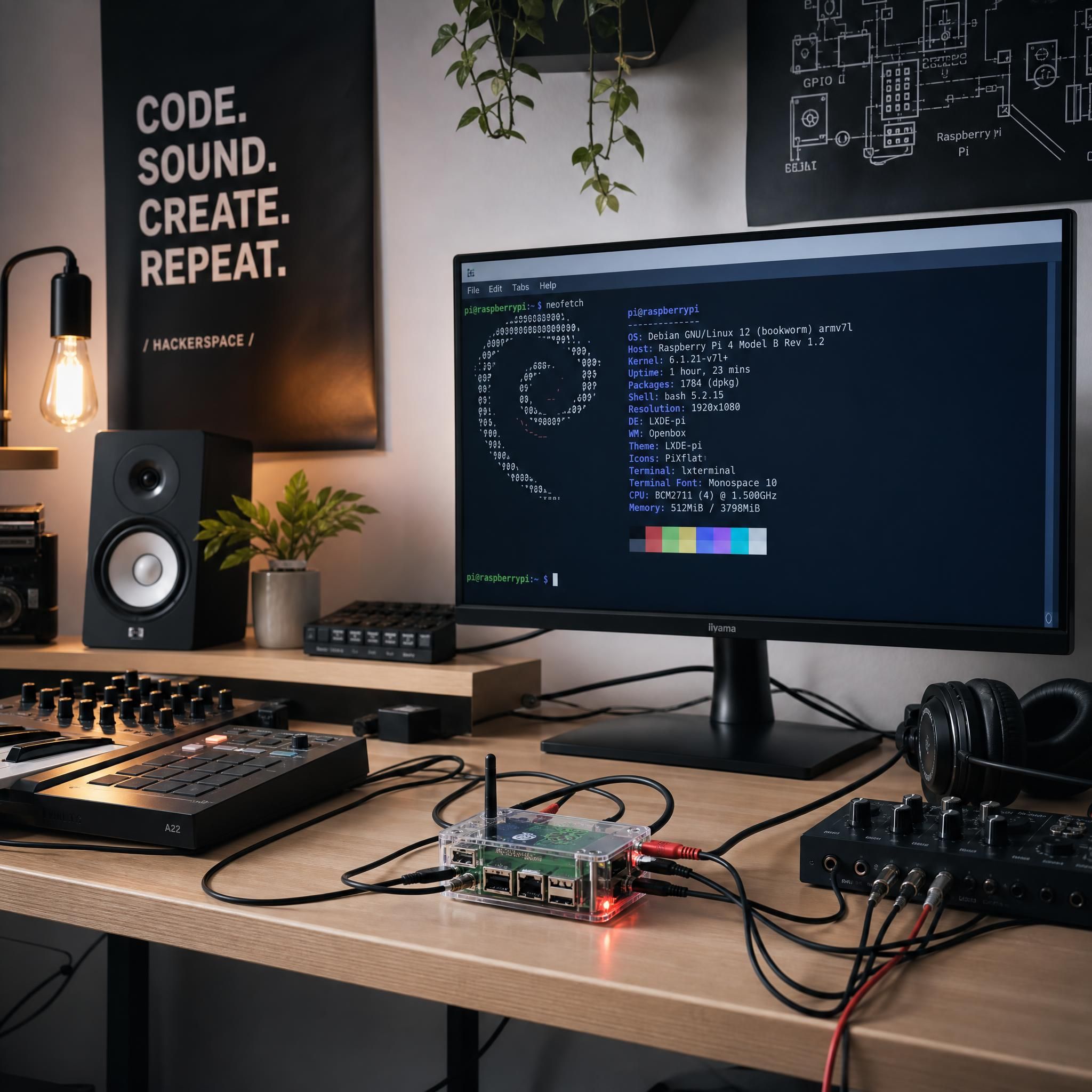 Studio de production musicale minimaliste sous Linux avec un Raspberry Pi, des câbles audio et un écran affichant un terminal, ambiance hackerspace créatif