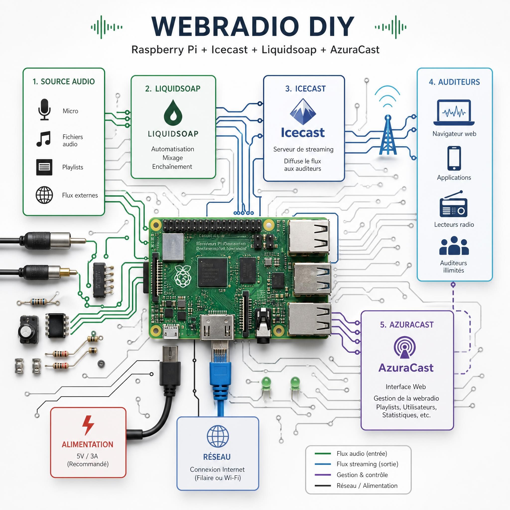 Schéma technique d'une webradio DIY avec Raspberry Pi, Icecast, Liquidsoap et AzuraCast, représenté comme un circuit électronique artistique