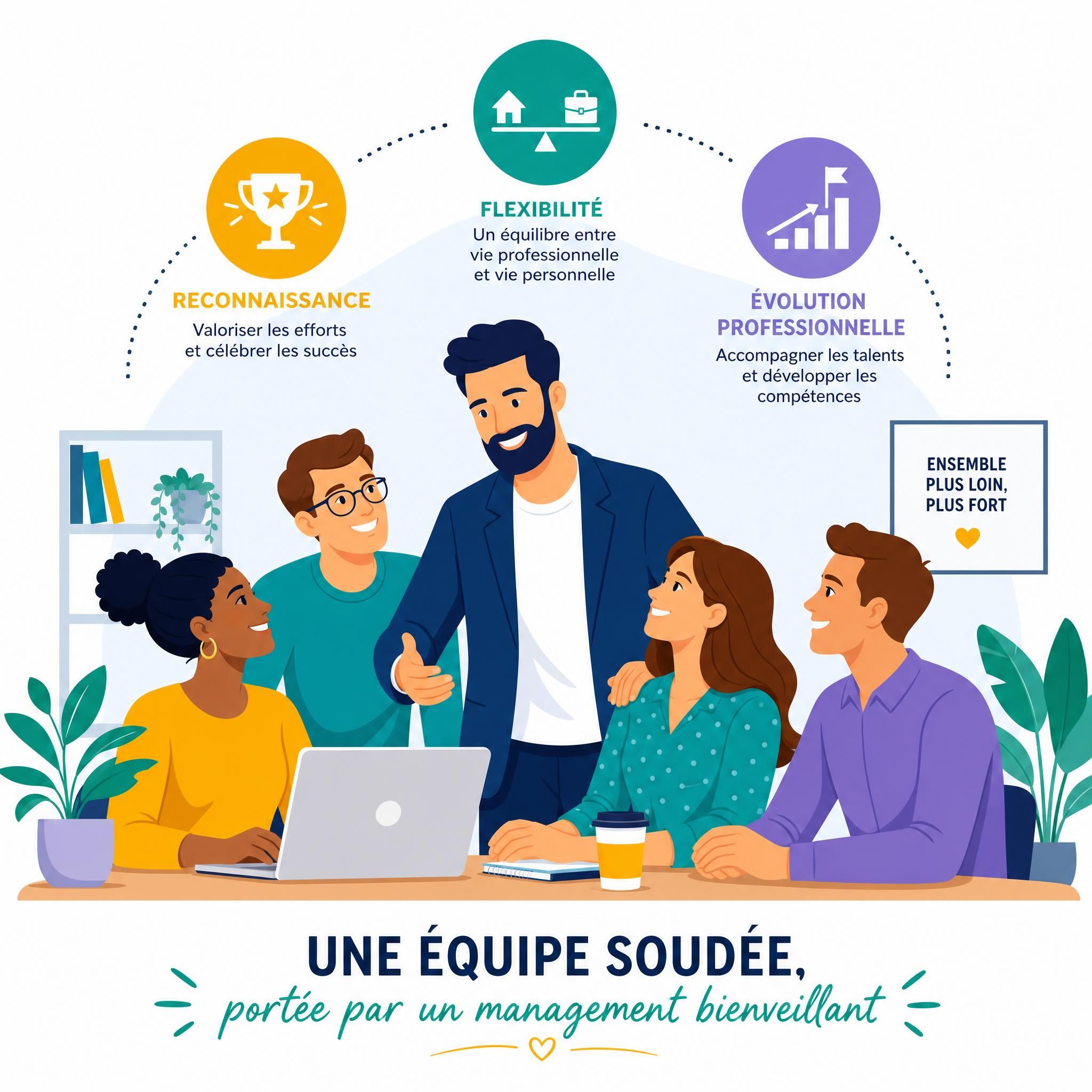 Illustration flat design vectoriel représentant une équipe soudée autour d'un manager bienveillant, avec des icônes symbolisant la reconnaissance, la flexibilité et l'évolution professionnelle — style graphique coloré sans photos réalistes