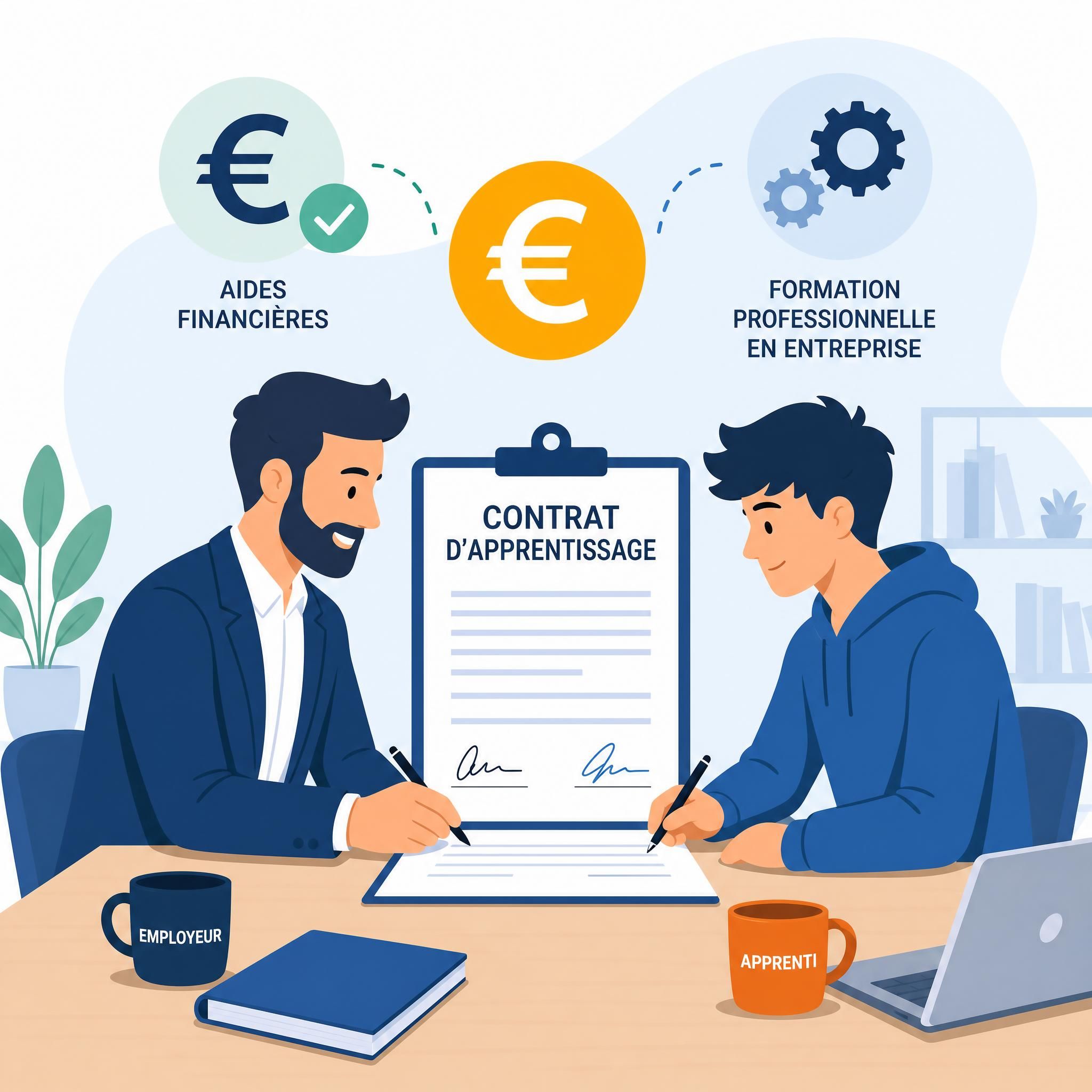 Illustration flat design vectoriel représentant un employeur et un apprenti signant un contrat d'apprentissage, avec des icônes d'euros et d'engrenages symbolisant les aides financières et la formation professionnelle en entreprise