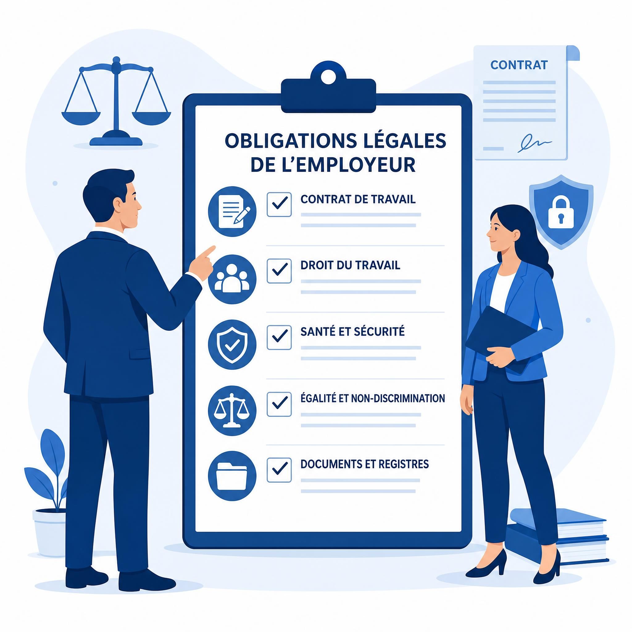 Illustration flat design vectorielle représentant un employeur et un salarié face à une checklist d'obligations légales RH, avec des icônes droit du travail, contrat, bouclier sécurité et balance de justice — style épuré bleu et blanc