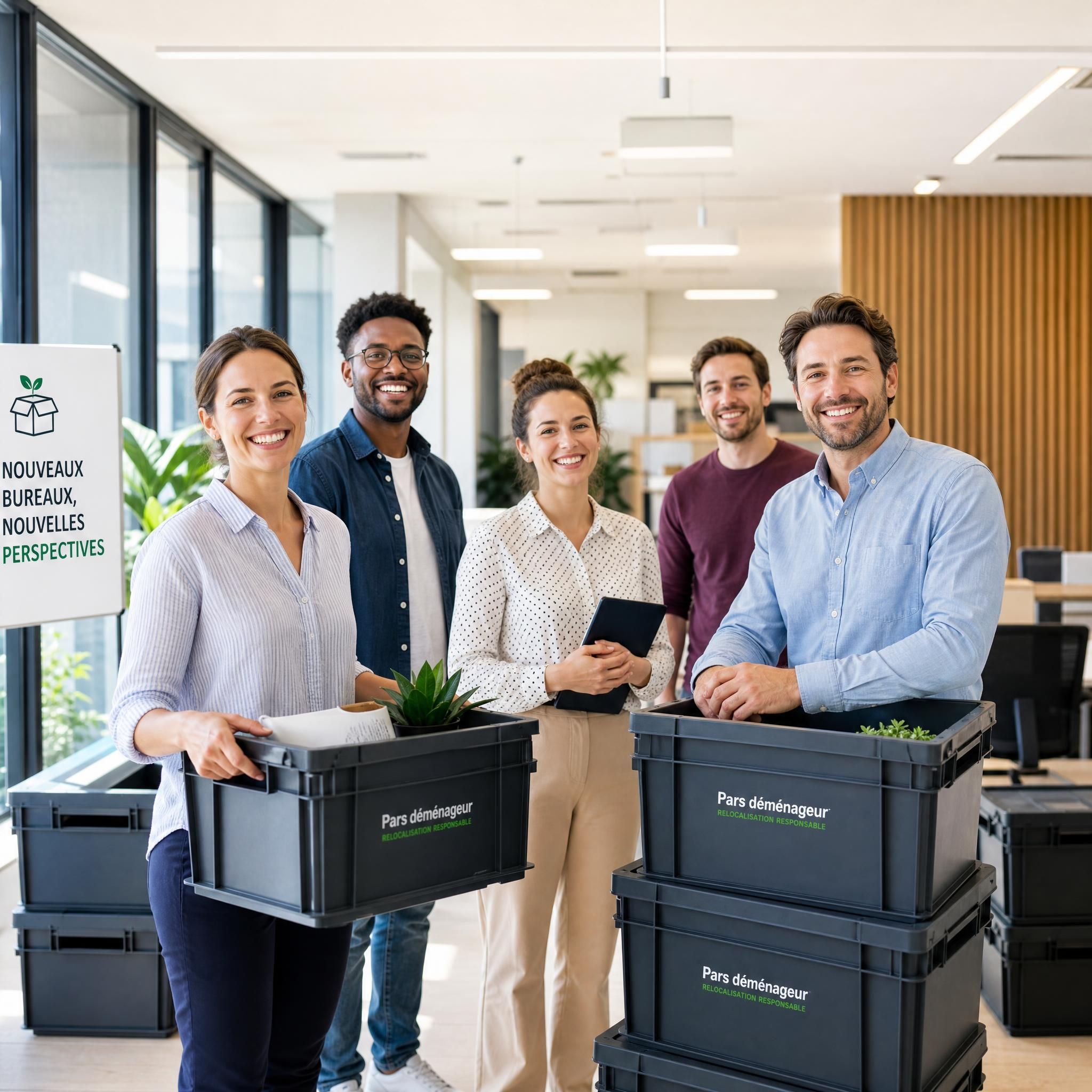 Équipe d'entreprise souriante dans de nouveaux bureaux épurés après un déménagement réussi avec caisses plastique réutilisables