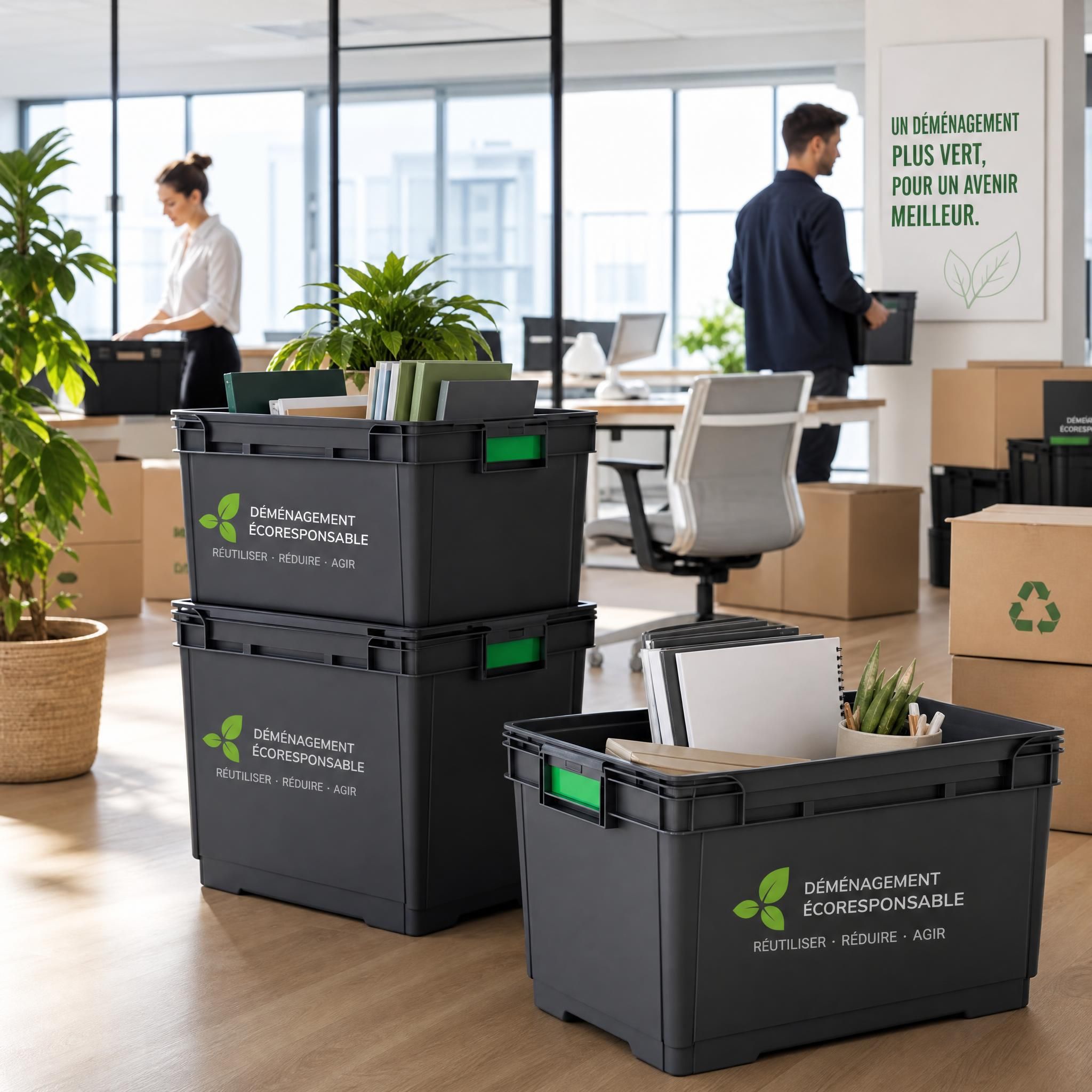 Caisses plastique réutilisables empilées dans des bureaux modernes lors d'un déménagement d'entreprise écoresponsable