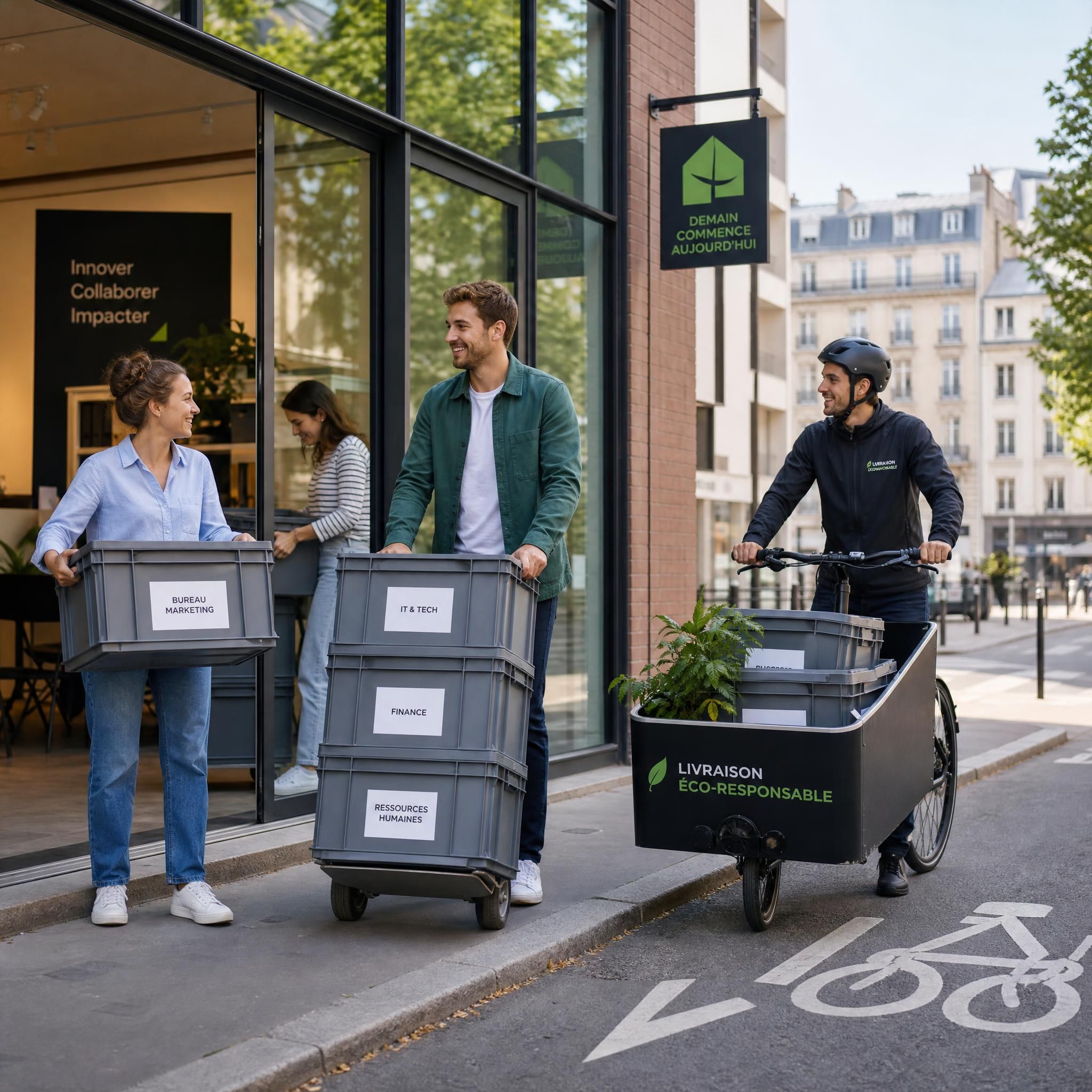 Équipe d'une startup qui déménage ses bureaux avec des caisses plastique réutilisables et des chariots, livrés à vélo en ville