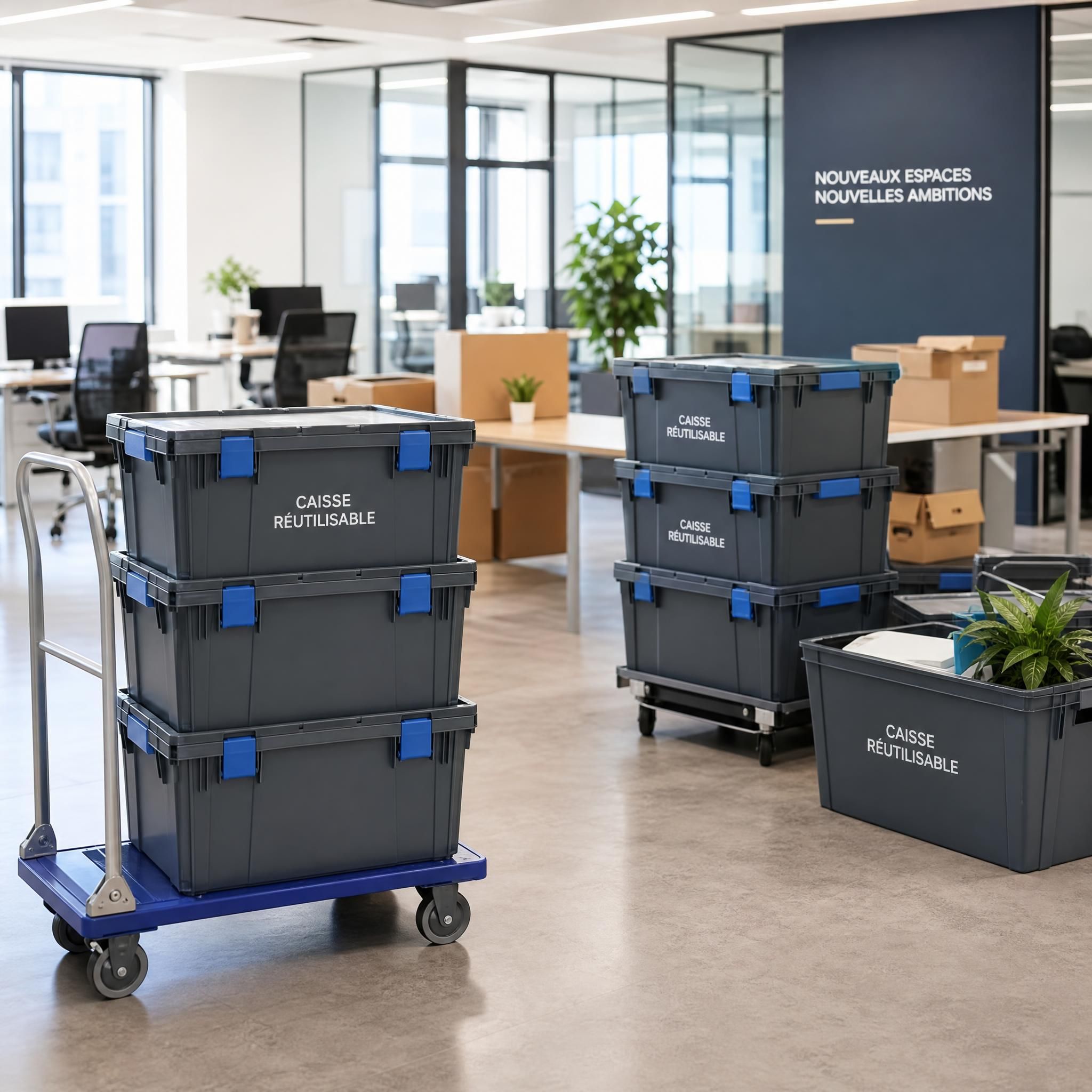 Caisses plastique réutilisables empilées dans des bureaux modernes après un déménagement d'entreprise, avec des chariots de manutention