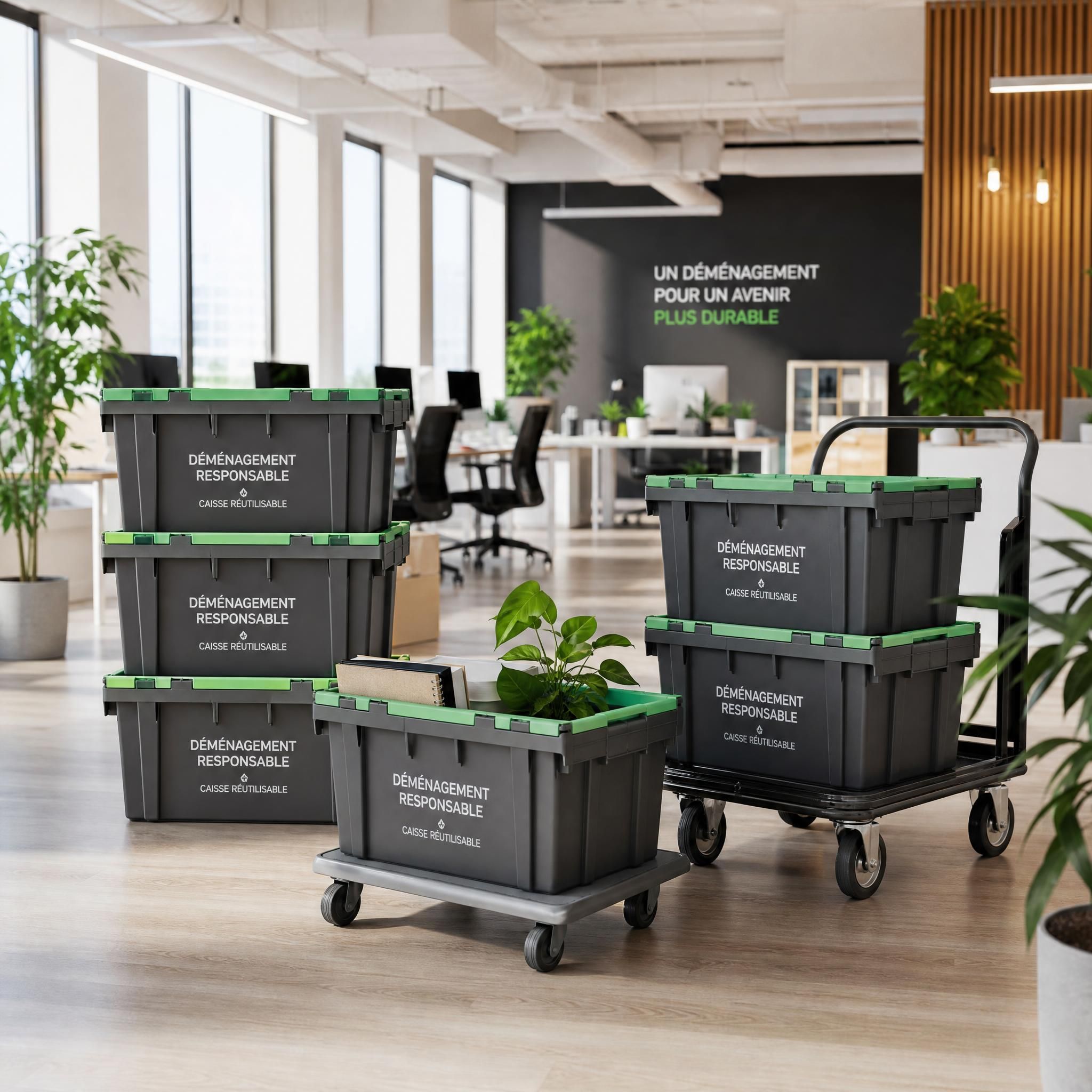 Caisses plastiques réutilisables empilées avec chariots dans un open space moderne, prêtes pour un déménagement d'entreprise responsable