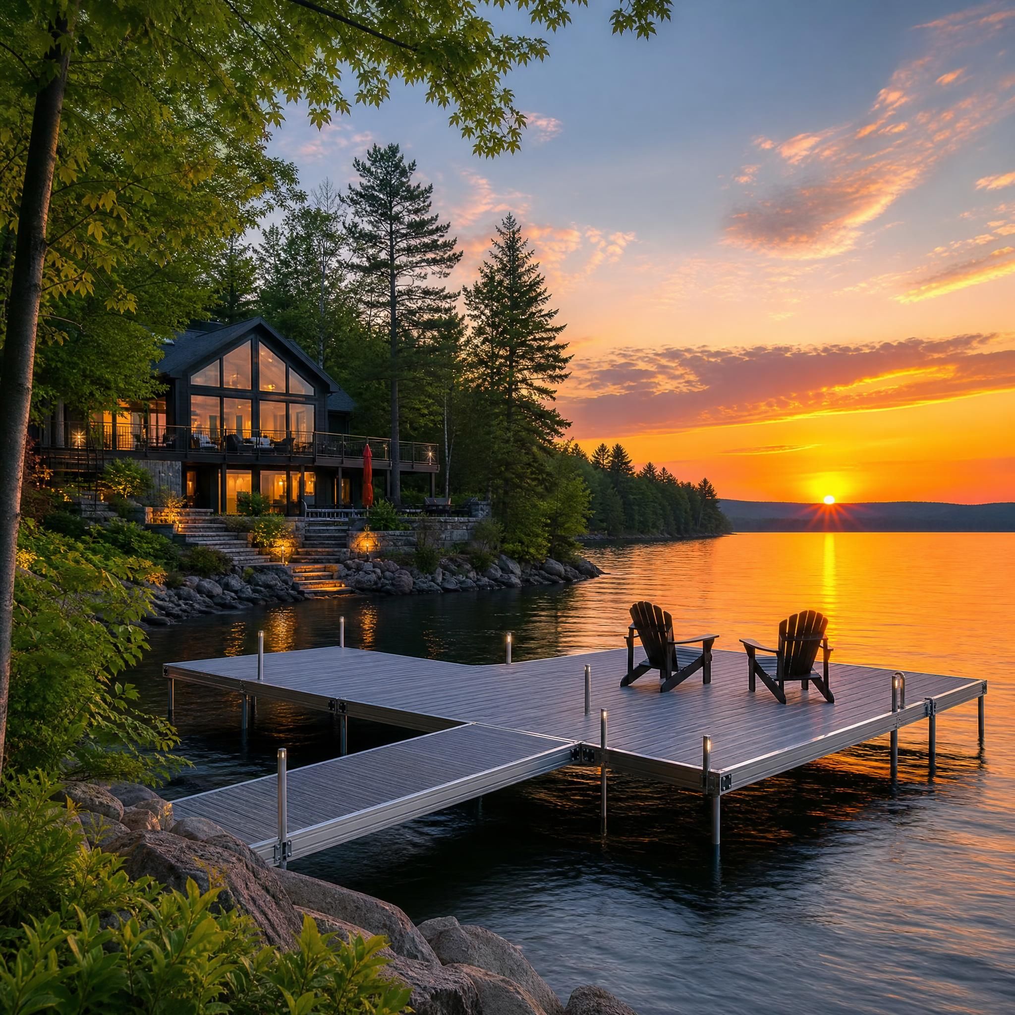 Magnifique propriété riveraine avec un quai en aluminium moderne sur un lac québécois au coucher du soleil, entouré d'arbres et d'eau calme