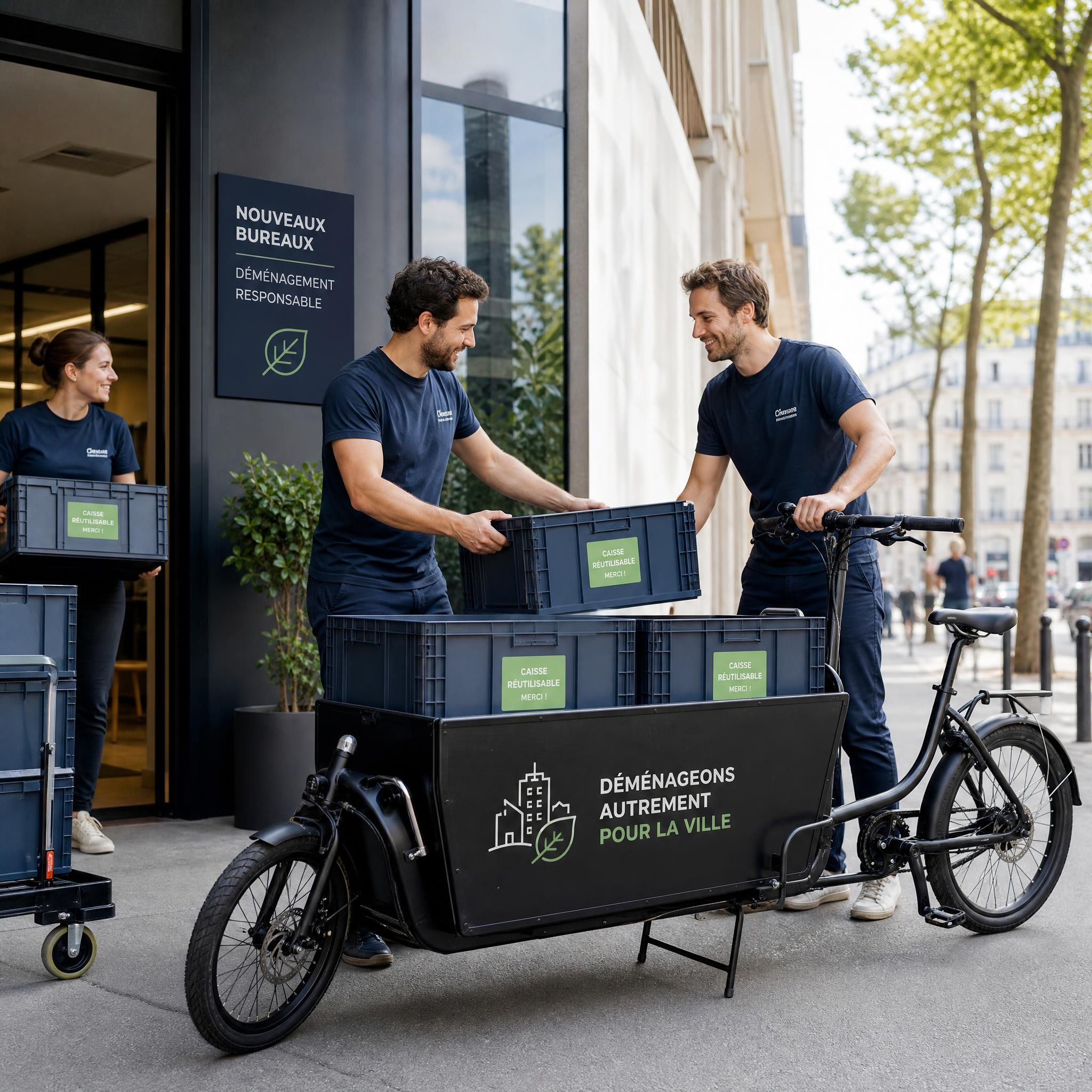 Équipe en train de charger des caisses plastiques réutilisables sur un vélo cargo pour un déménagement d'entreprise en ville