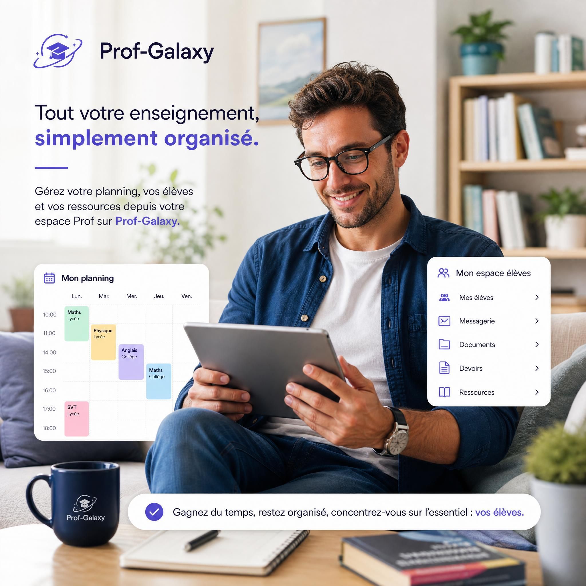 Professeur particulier utilisant une tablette pour gérer son planning et son espace élève sur la plateforme Prof-Galaxy, ambiance moderne et décontractée