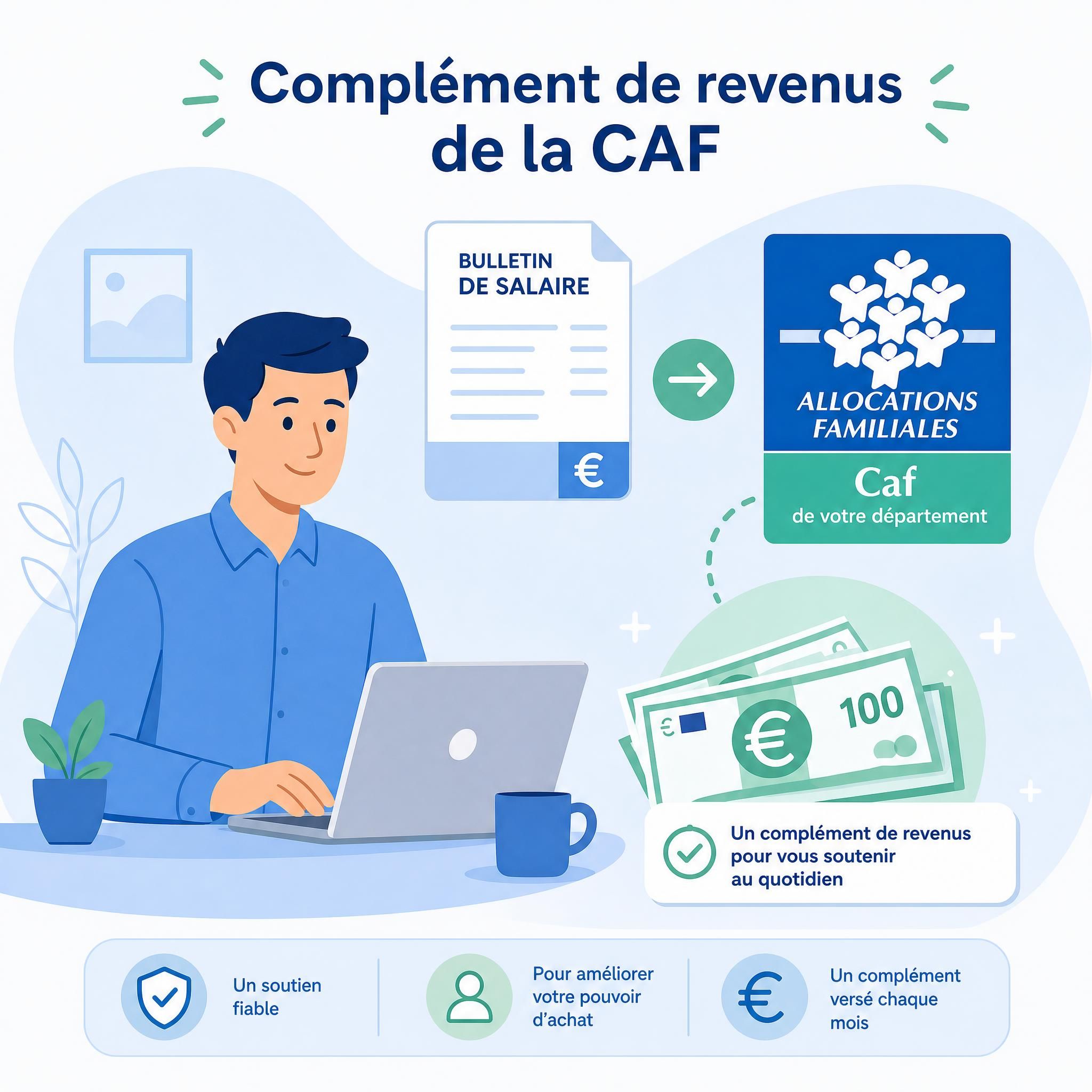 Illustration flat design vectorielle représentant un salarié recevant un complément de revenus de la CAF, avec des icônes de billets, d'un bulletin de salaire et du logo CAF stylisé — style graphique épuré, couleurs douces bleu et vert