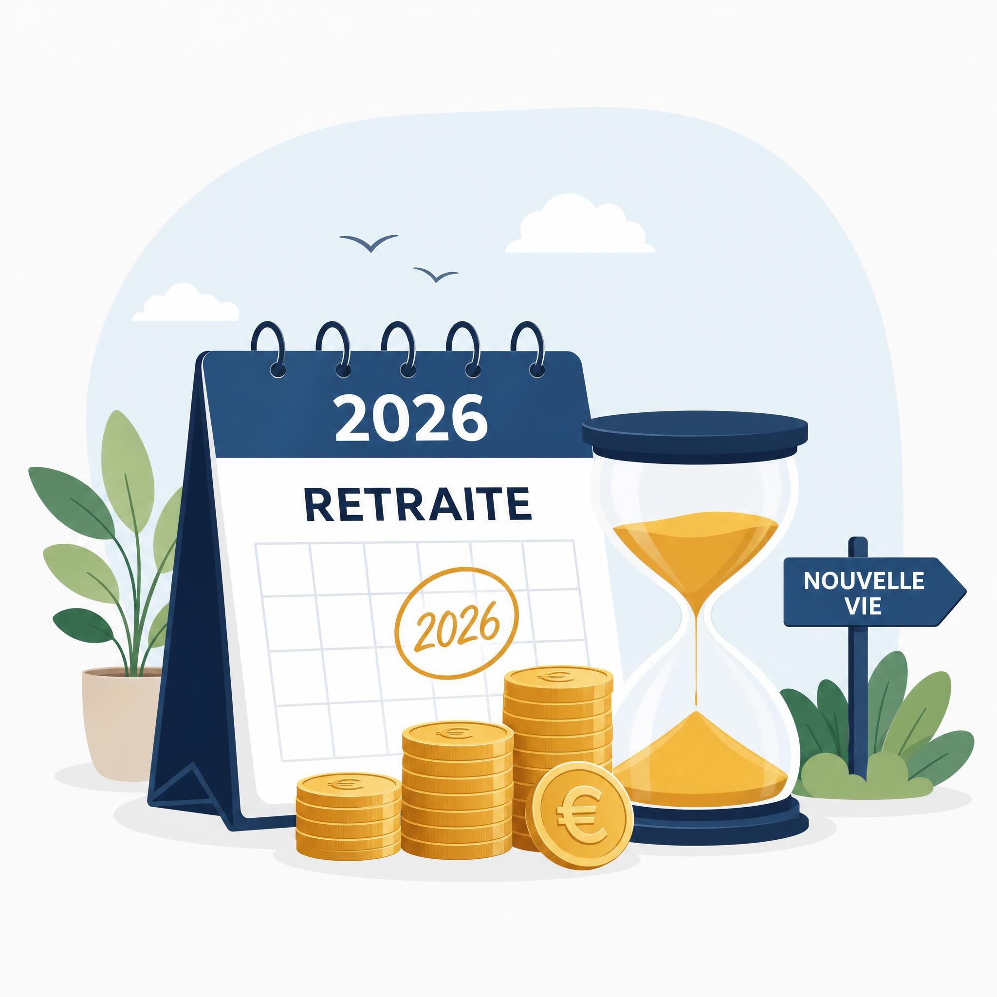 Illustration flat design vectorielle représentant un calendrier, des pièces de monnaie et un sablier symbolisant le départ à la retraite en 2026
