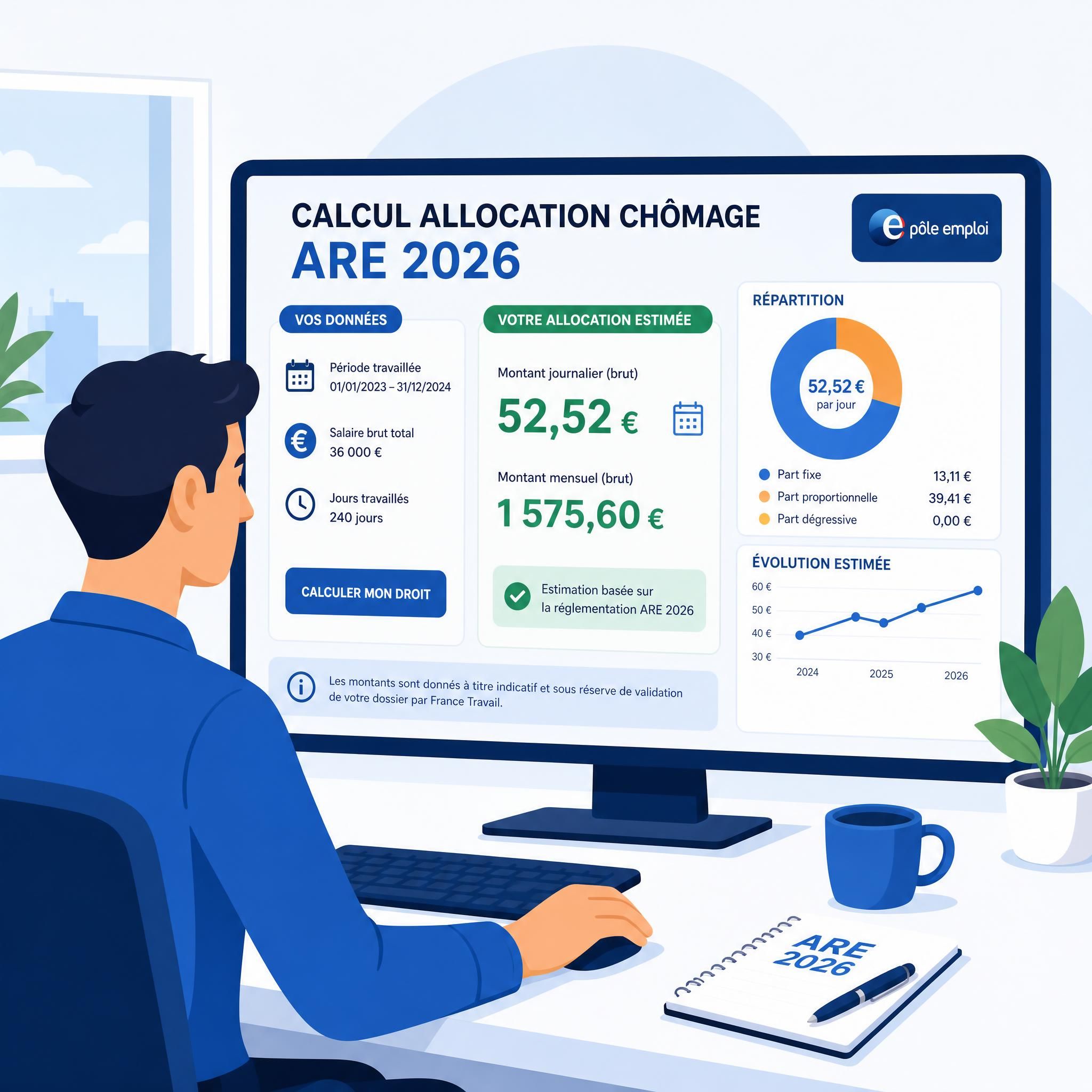 Illustration flat design vectorielle représentant une personne devant un écran avec des graphiques de calcul d'allocation chômage ARE 2026, style épuré et coloré