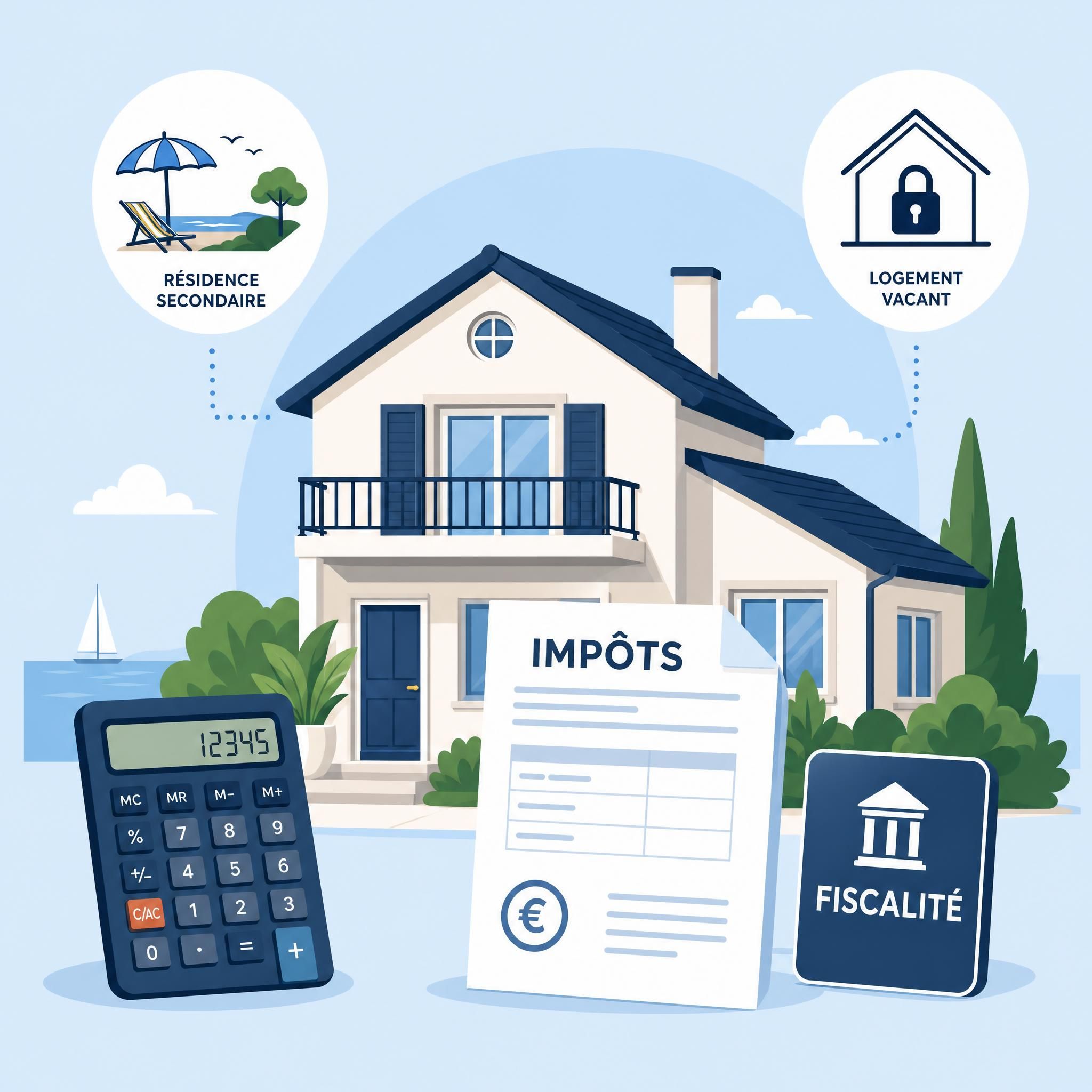Illustration flat design vectorielle représentant une maison avec des icônes fiscales — résidence secondaire, logement vacant, calculatrice, feuille d'impôt — sur fond bleu clair, style infographie moderne