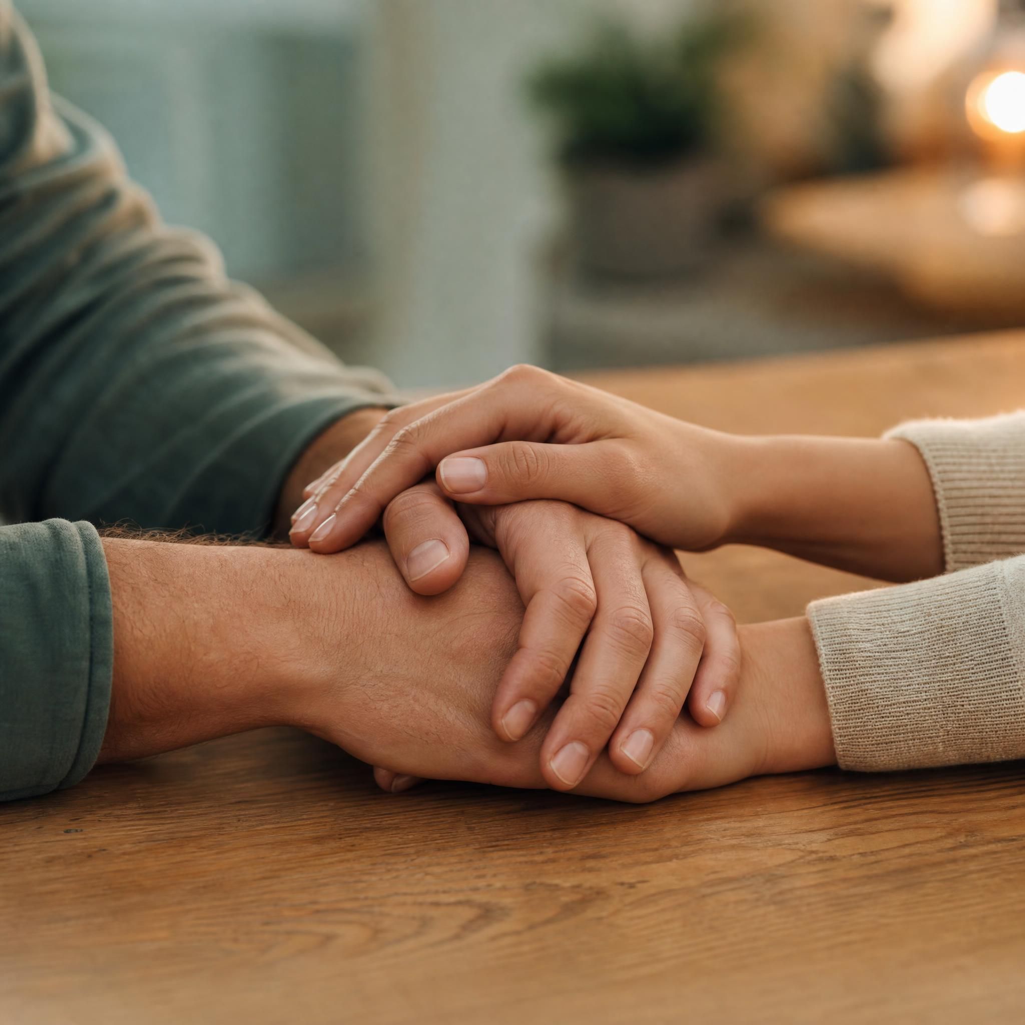 Deux mains posées l'une sur l'autre sur une table en bois, symbolisant l'écoute, la connexion émotionnelle et le dialogue dans un couple