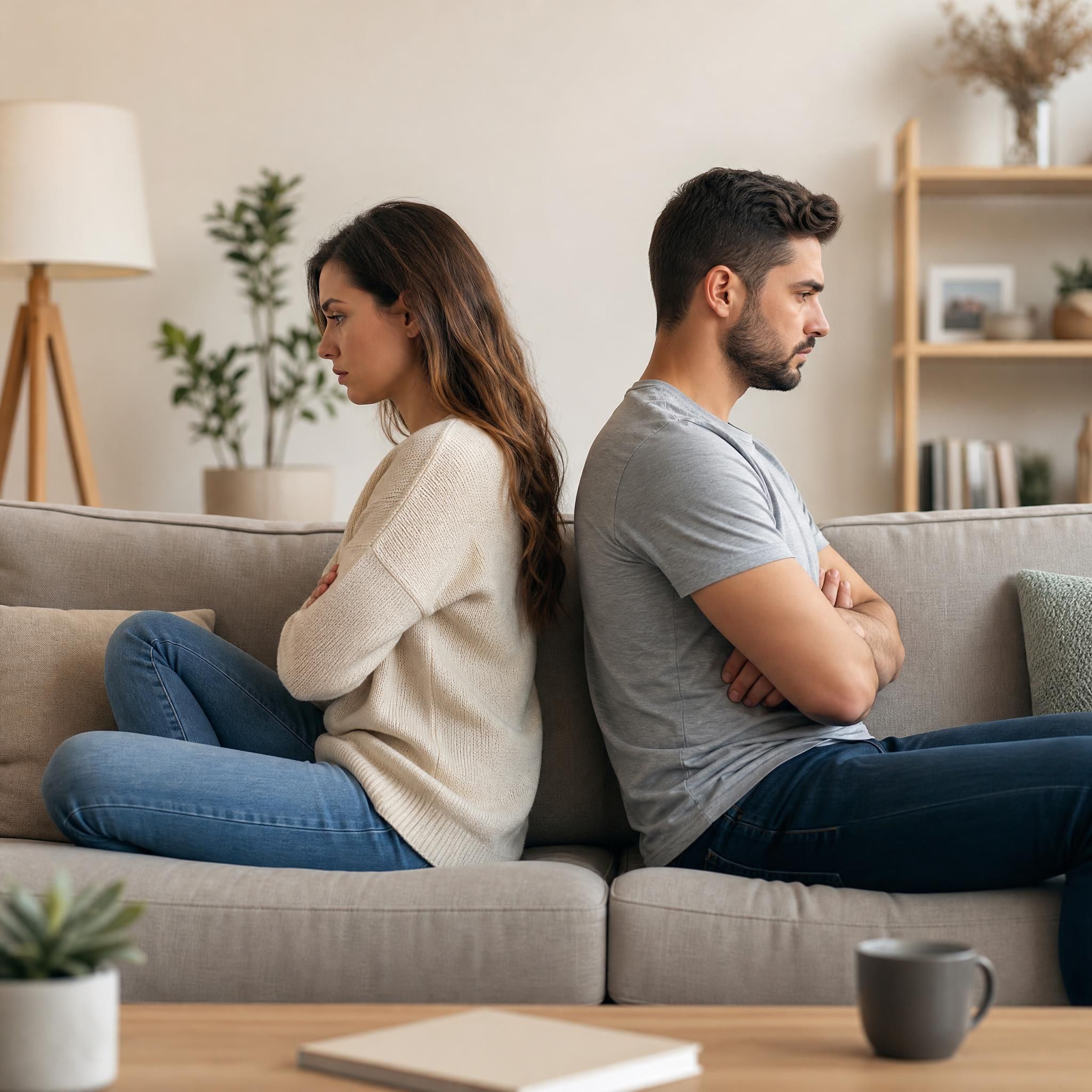 Couple assis dos à dos en silence dans un salon, symbolisant la distance émotionnelle dans une relation en crise