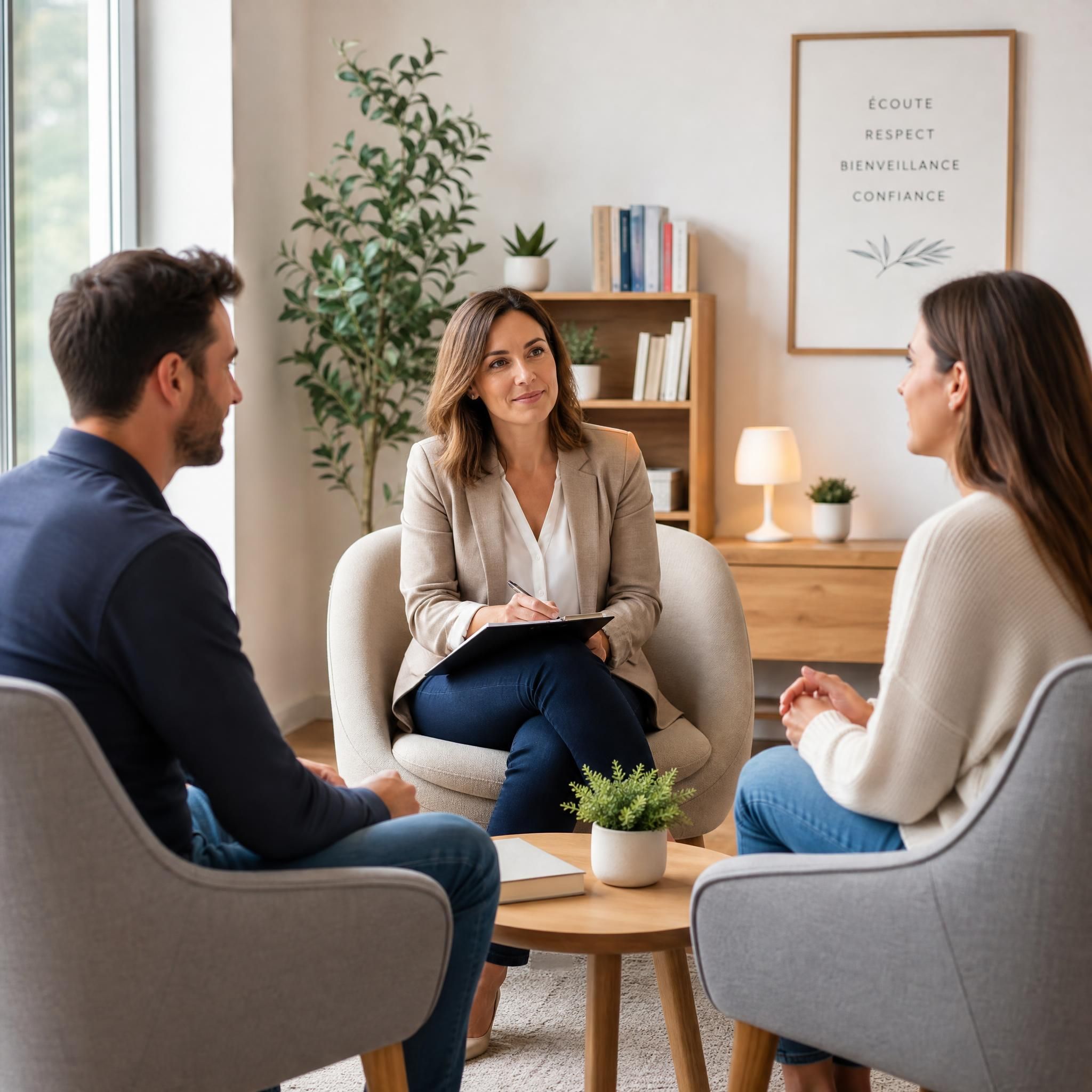Thérapeute de couple en séance avec deux partenaires assis en face à face, ambiance bienveillante et professionnelle, bureau lumineux
