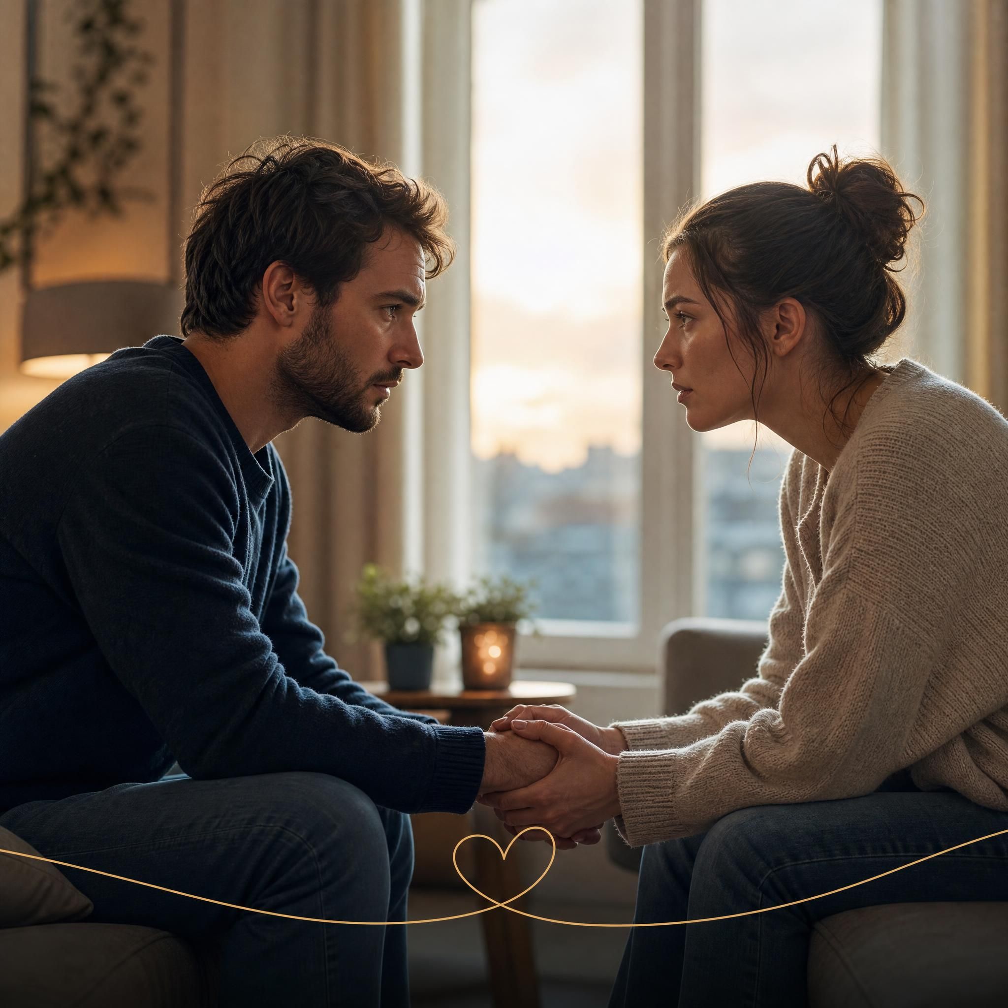 Couple en difficulté face à face, regard intense, lumière douce, symbolisant la tension et l'espoir dans une relation amoureuse en crise