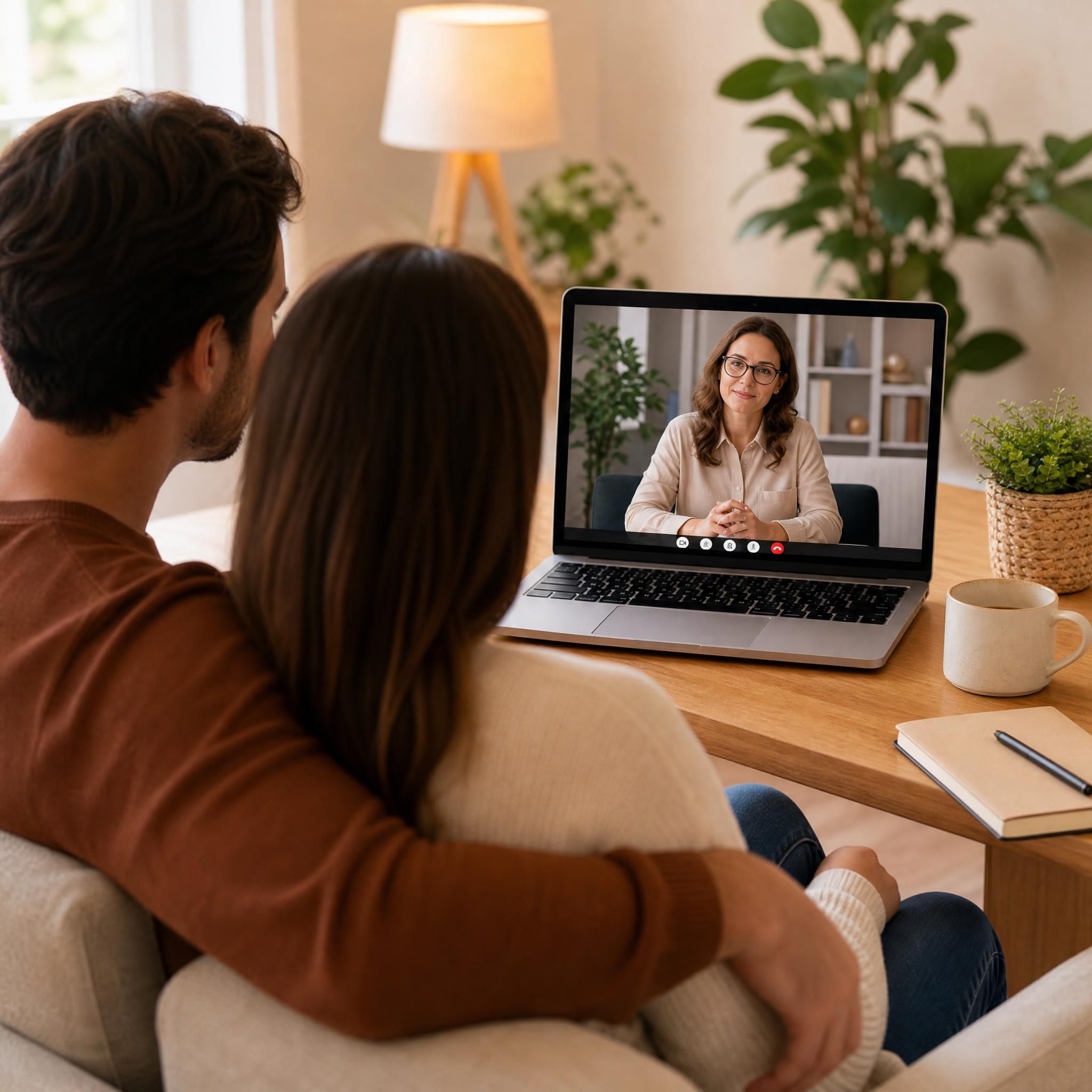 Couple en visioconférence avec un thérapeute sur un ordinateur portable, dans un environnement chaleureux et bienveillant