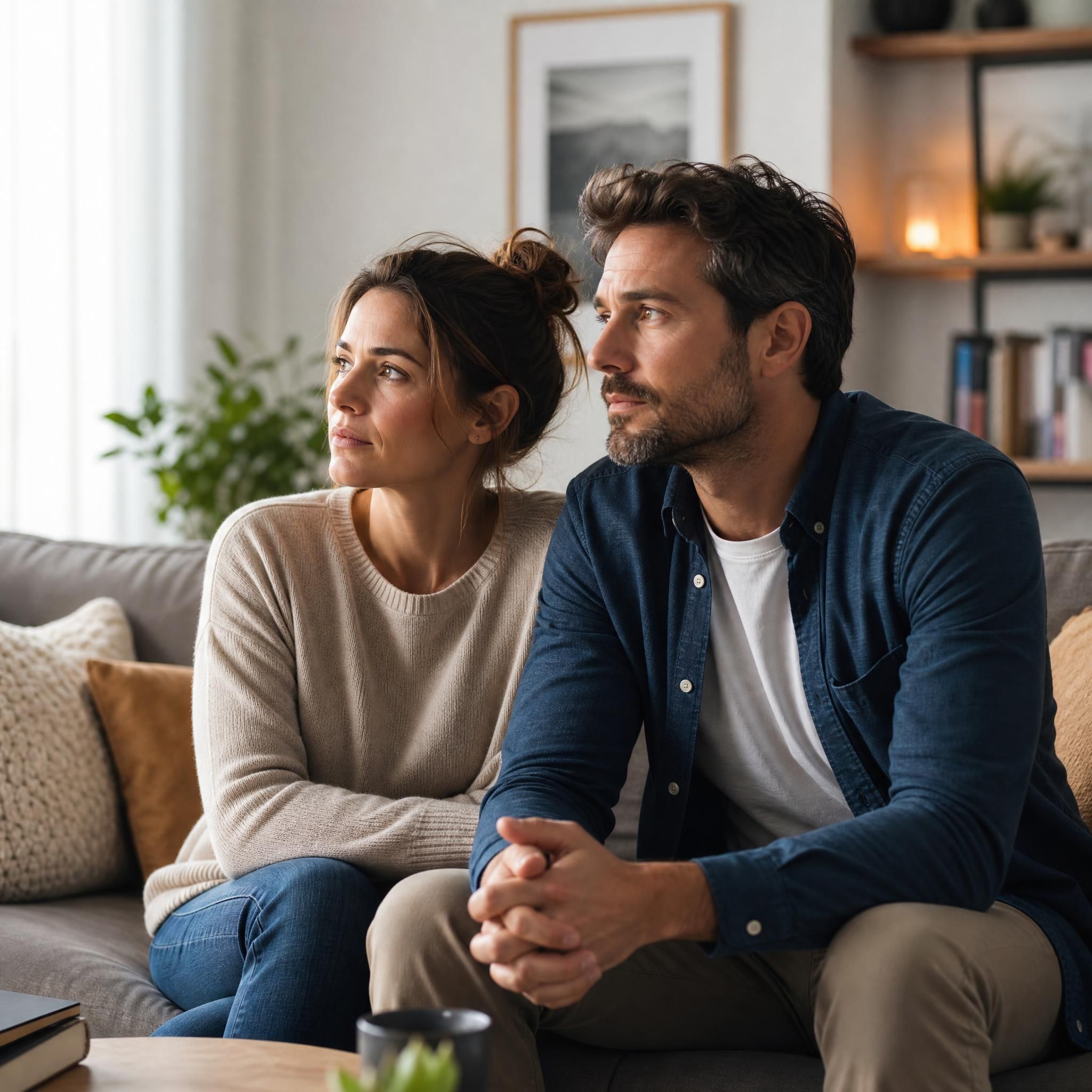 Couple assis côte à côte sur un canapé, regardant dans la même direction avec une expression sérieuse mais apaisée, symbolisant la réflexion et l'espoir dans une relation en difficulté