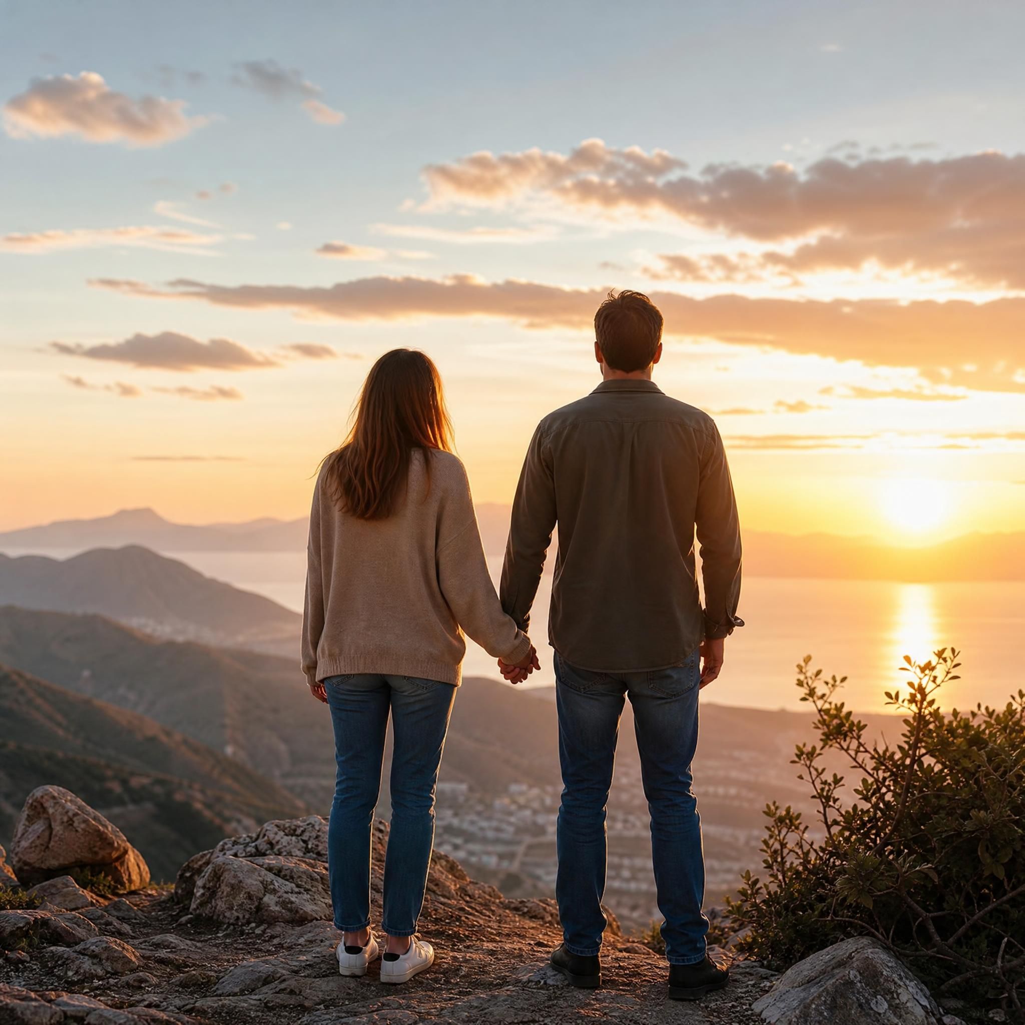 Couple qui se tient la main en regardant l'horizon ensemble, symbolisant l'espoir et la reconstruction du lien amoureux