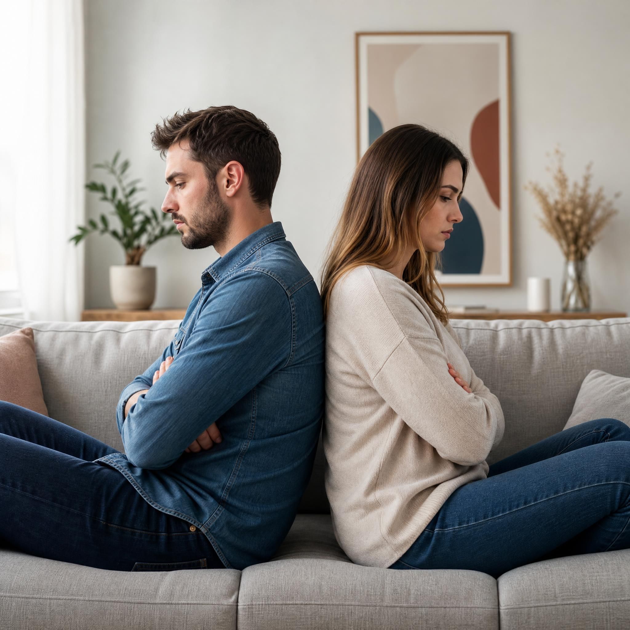 Couple assis dos à dos en silence, illustrant la distance émotionnelle dans une relation amoureuse en crise