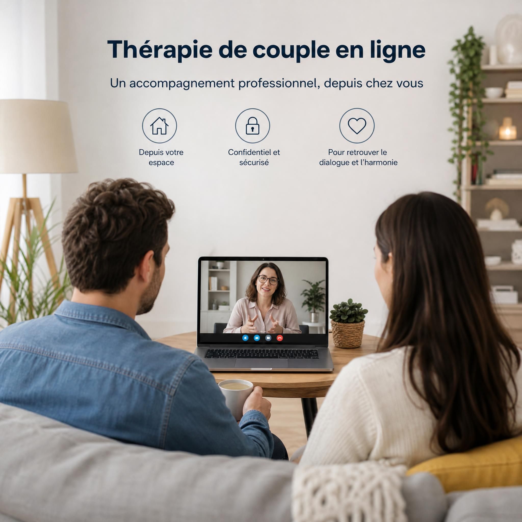 Thérapeute de couple en visioconférence avec un couple, représentant la thérapie de couple en ligne accessible depuis chez soi